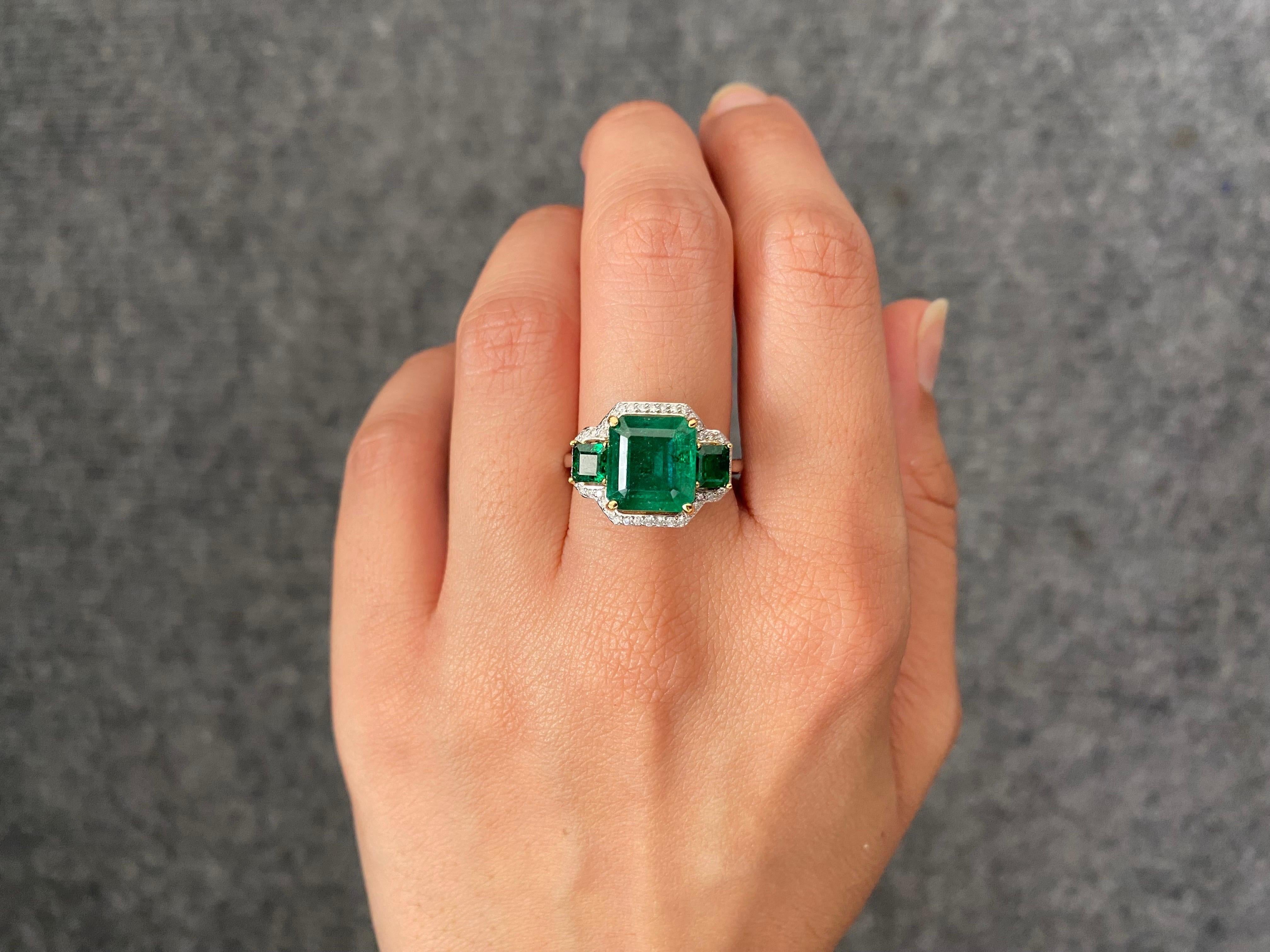 5.07 Carat Emerald and Diamond Three Stone Cocktail Ring For Sale 7