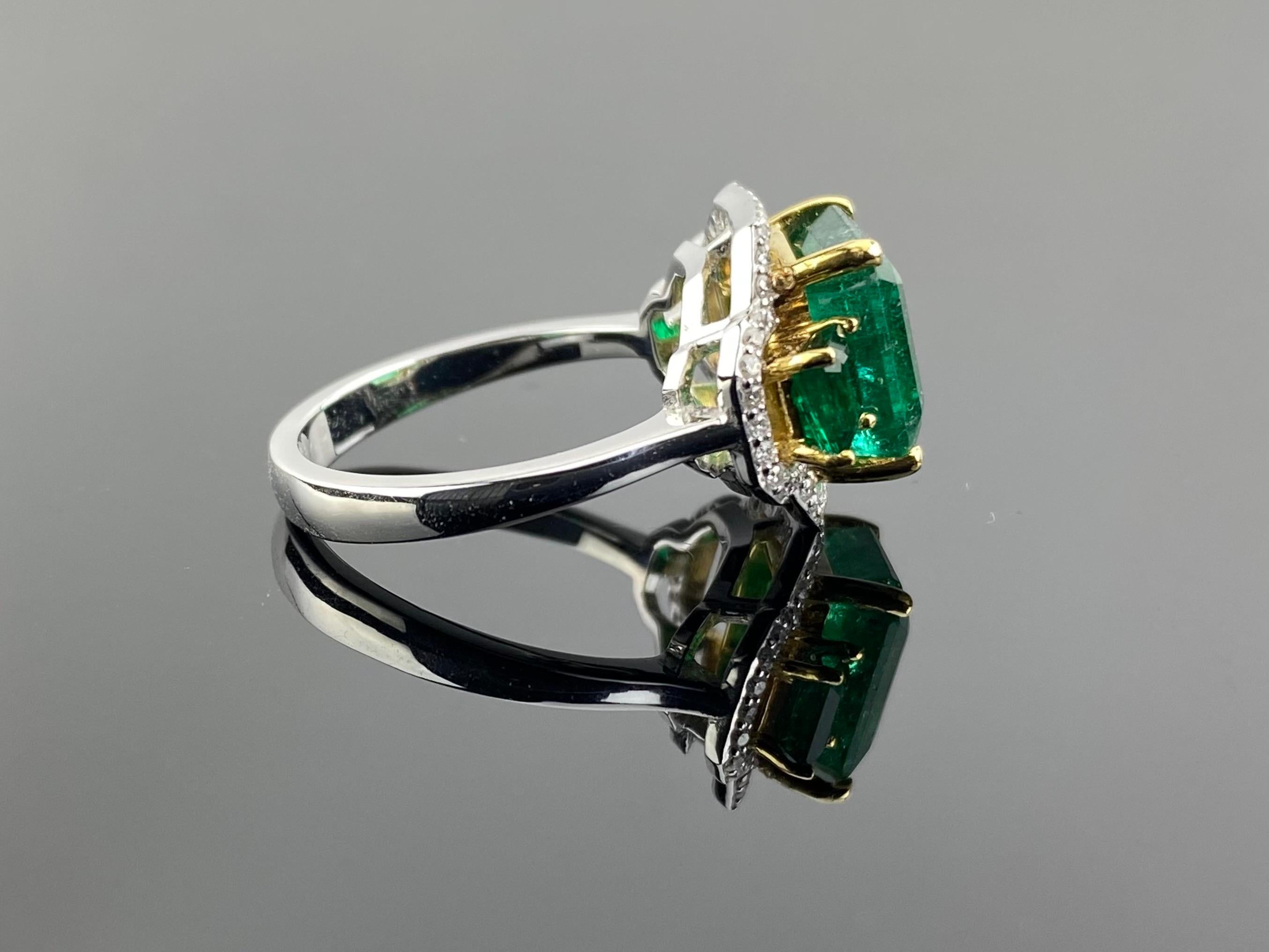 Modern 5.07 Carat Emerald and Diamond Three Stone Cocktail Ring For Sale