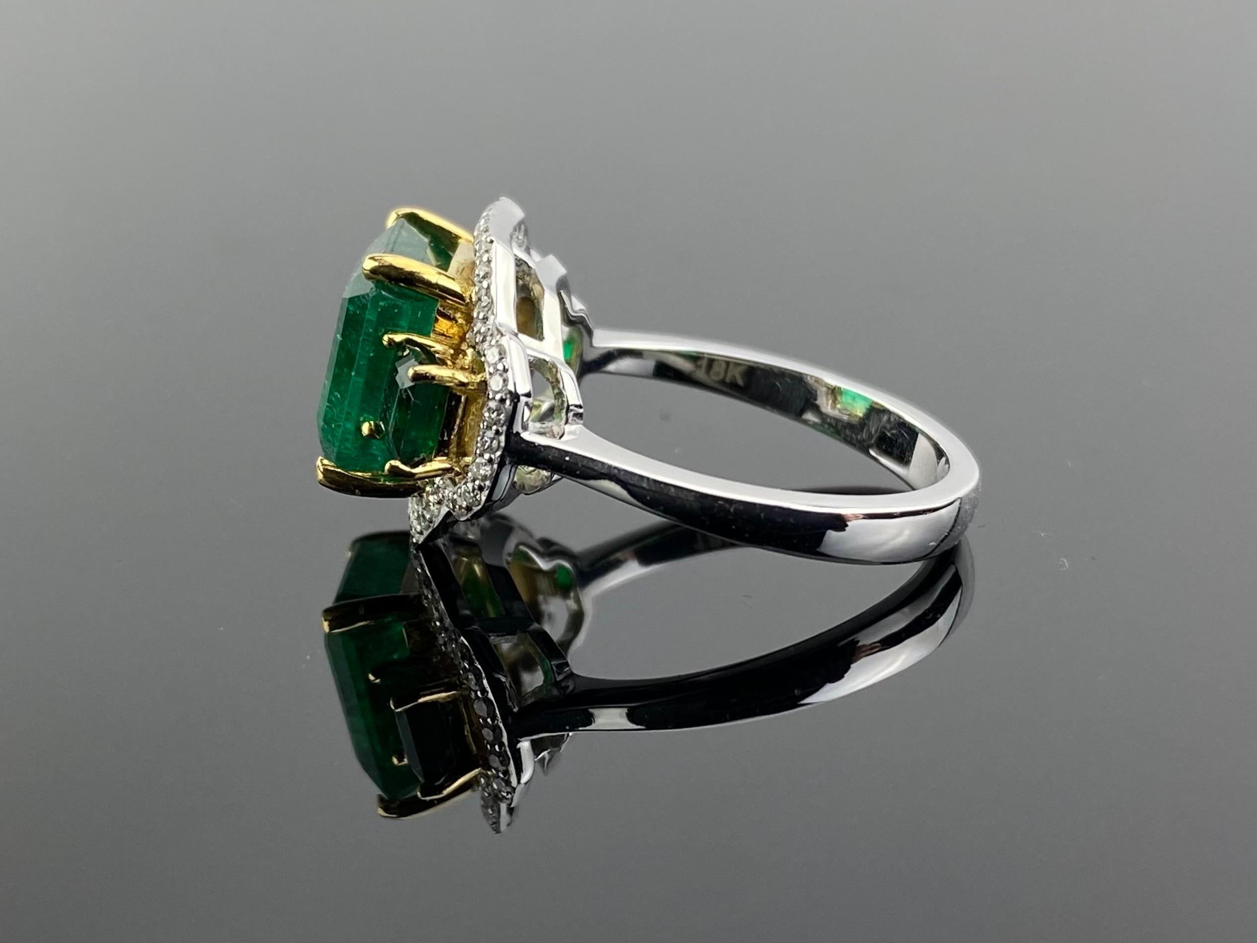 Emerald Cut 5.07 Carat Emerald and Diamond Three Stone Cocktail Ring For Sale