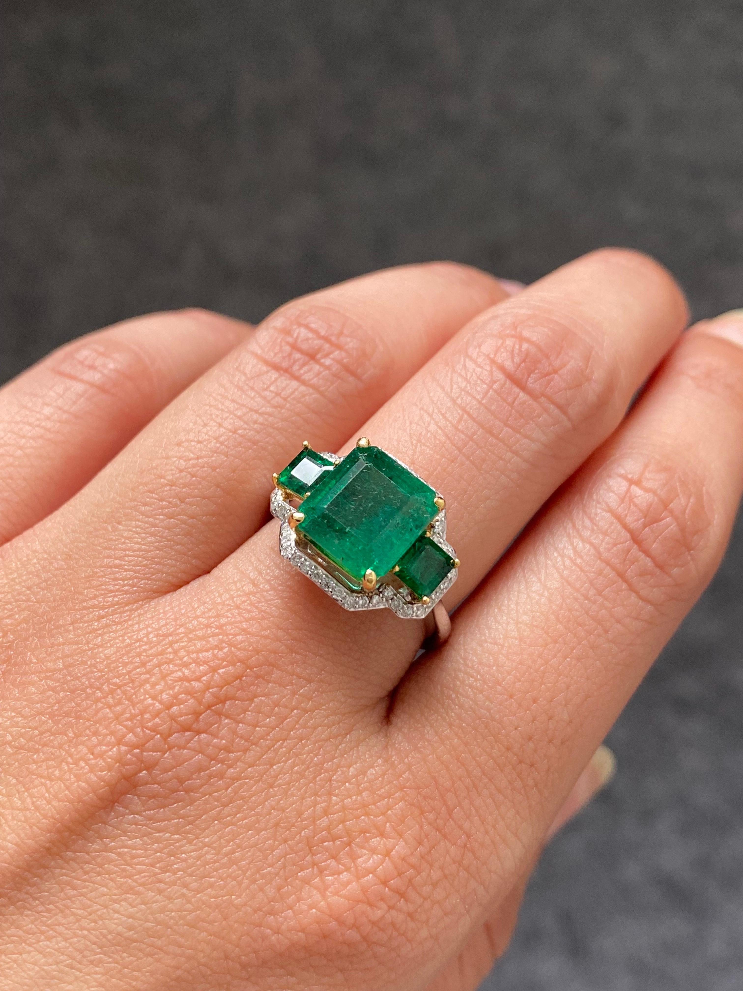 Women's 5.07 Carat Emerald and Diamond Three Stone Cocktail Ring For Sale