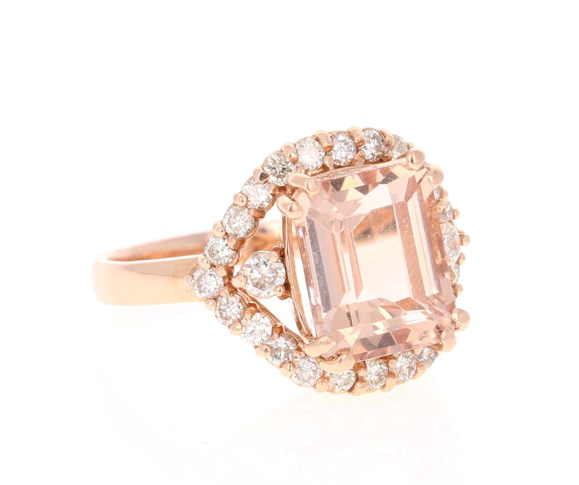 Statement Morganite Diamond Ring! 

This Morganite ring has a 4.33 Carat Emerald Cut Morganite and is surrounded by 26 Round Cut Diamonds that weigh 0.74 Carats. The total carat weight of the ring is 5.07 Carats.  

The Morganite is 11 mm x 10 mm