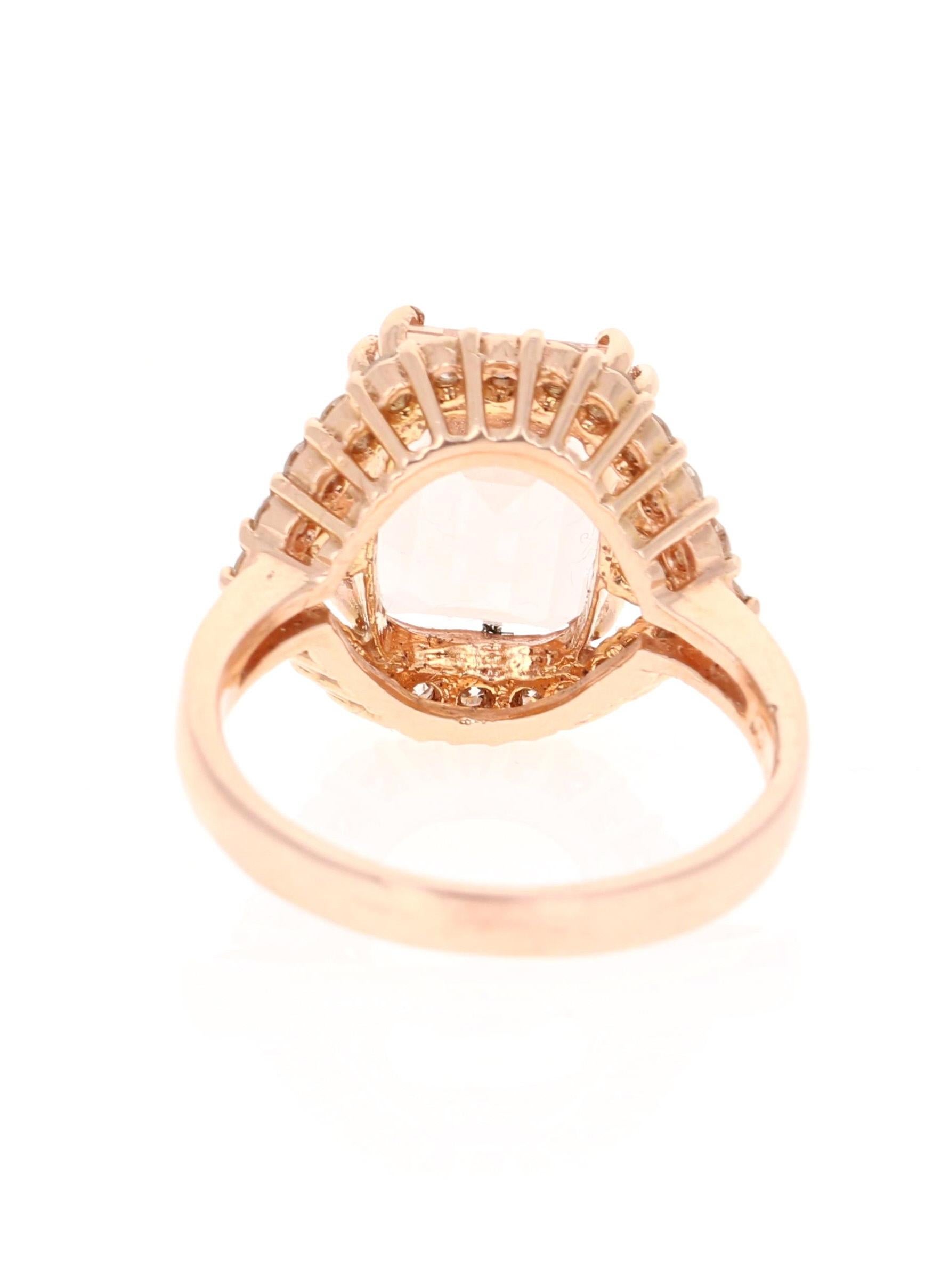 Emerald Cut 5.07 Carat Morganite Diamond 14 Karat Rose Gold Cocktail Ring