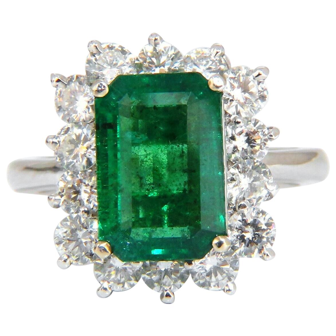 5.07 Carat Natural Emerald Diamonds Cluster Halo Ring 14 Karat For Sale