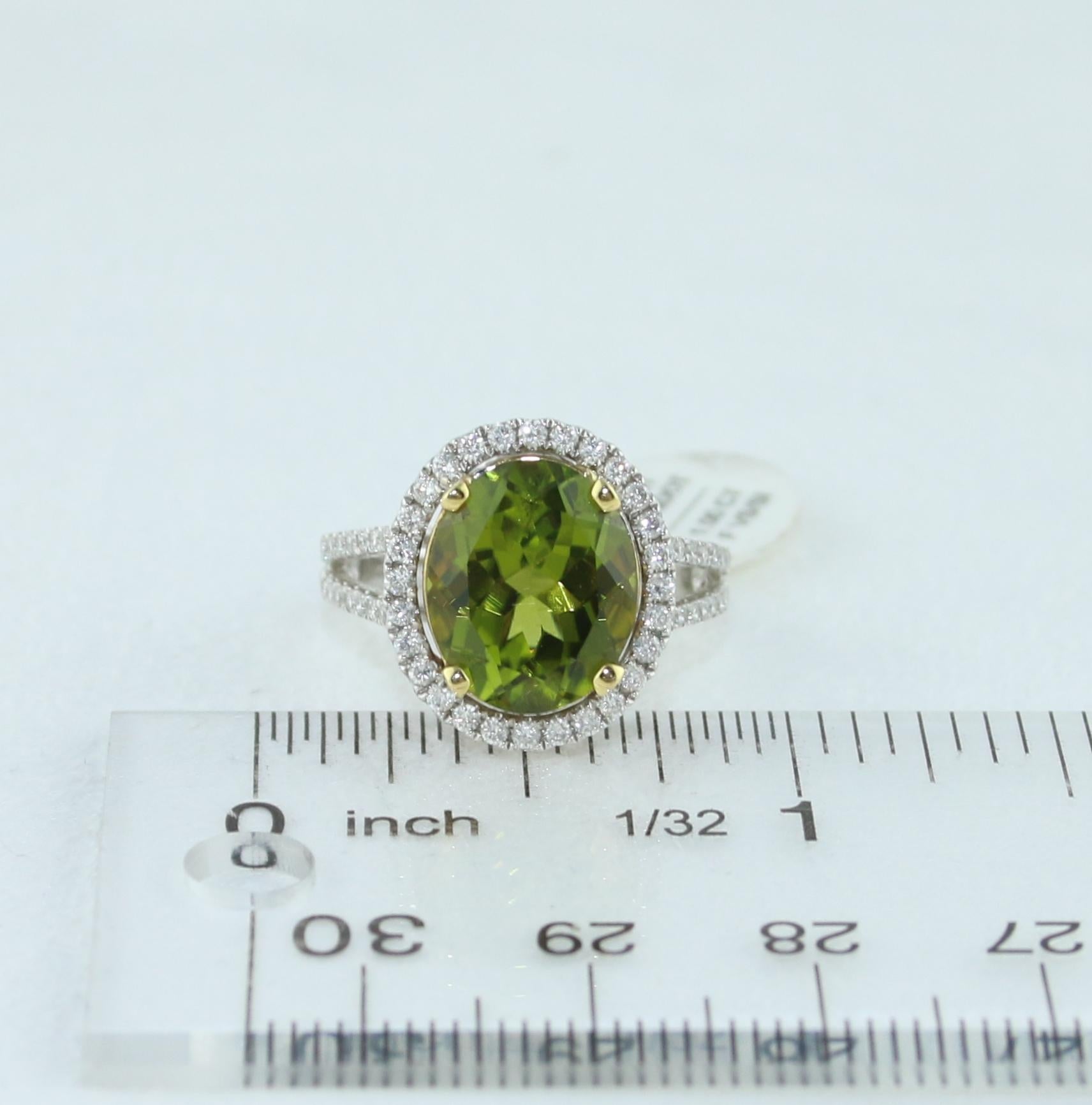 5.07 Carat Oval Peridot Diamond Gold Halo Ring For Sale 2