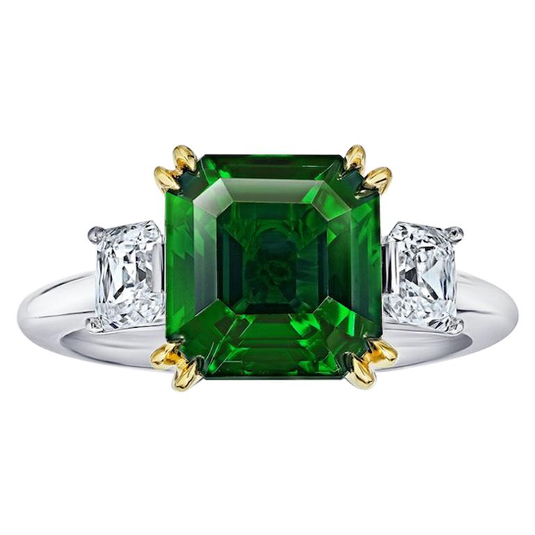 5.07 Carat Square Emerald Cut Green Tsavorite and Diamond Platinum and 18k Ring