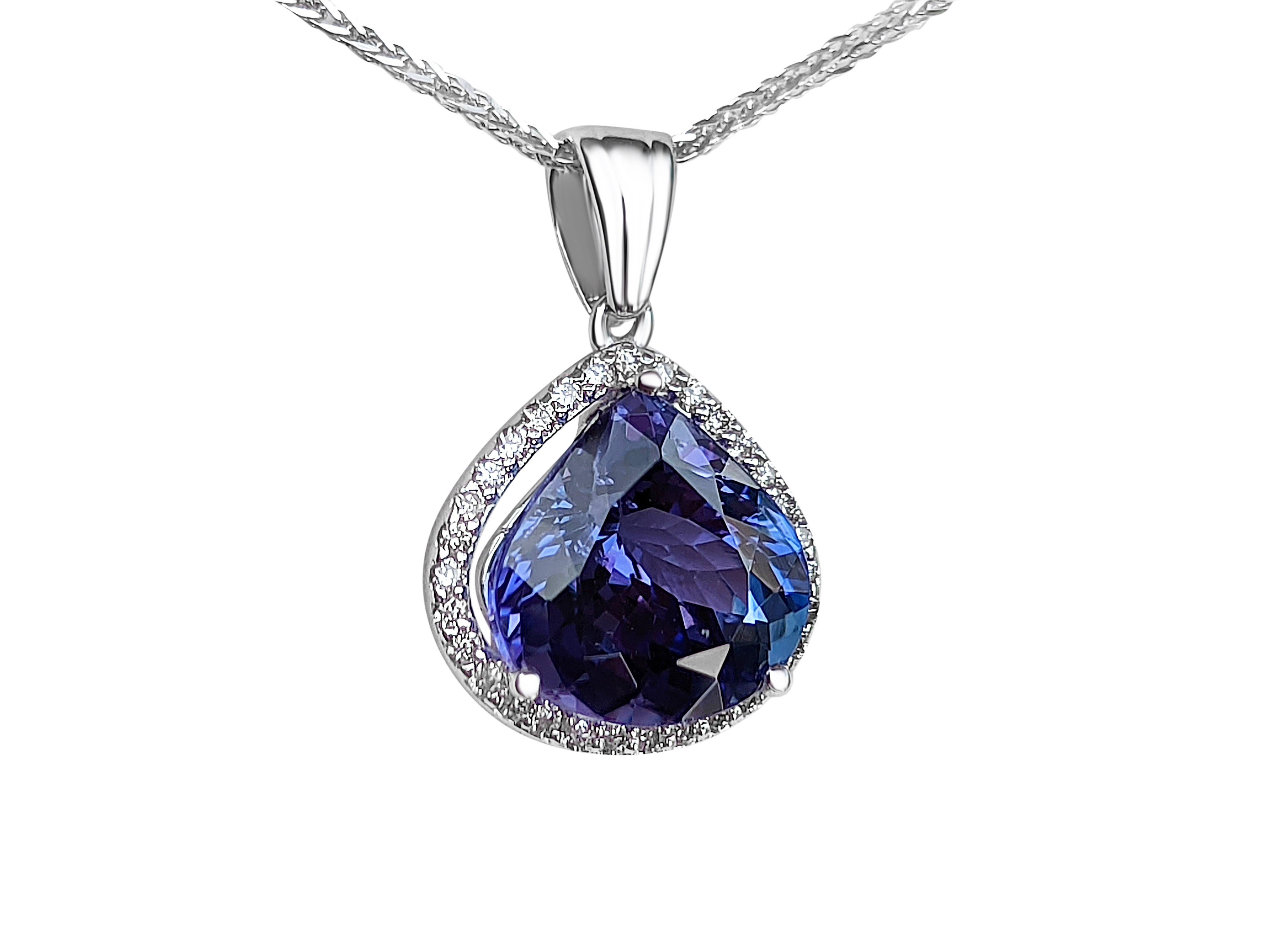 Pear Cut 5.07 Carat Tanzanite and 0.25 Ct Diamonds, 14 Kt. White Gold, Pendant Necklace