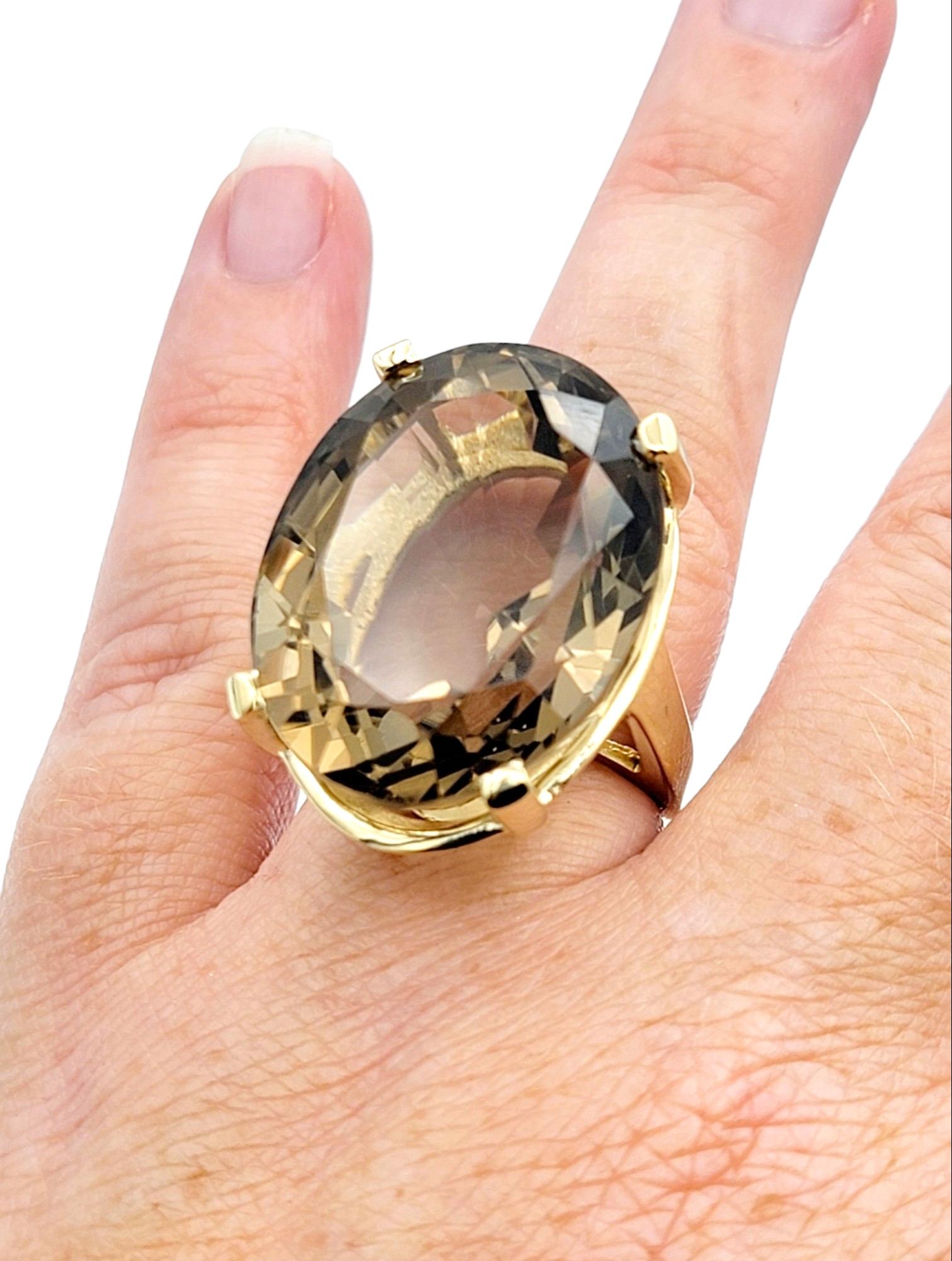 50.71 Carat Oval Cut Smoky Quartz Solitaire 14 Karat Yellow Gold Cocktail Ring For Sale 3