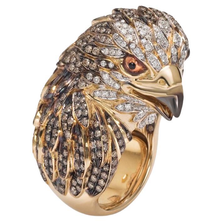 50.75gr White and Brown Diamonds Pavè Hawk Peregrin Falcon Head Ring For Sale