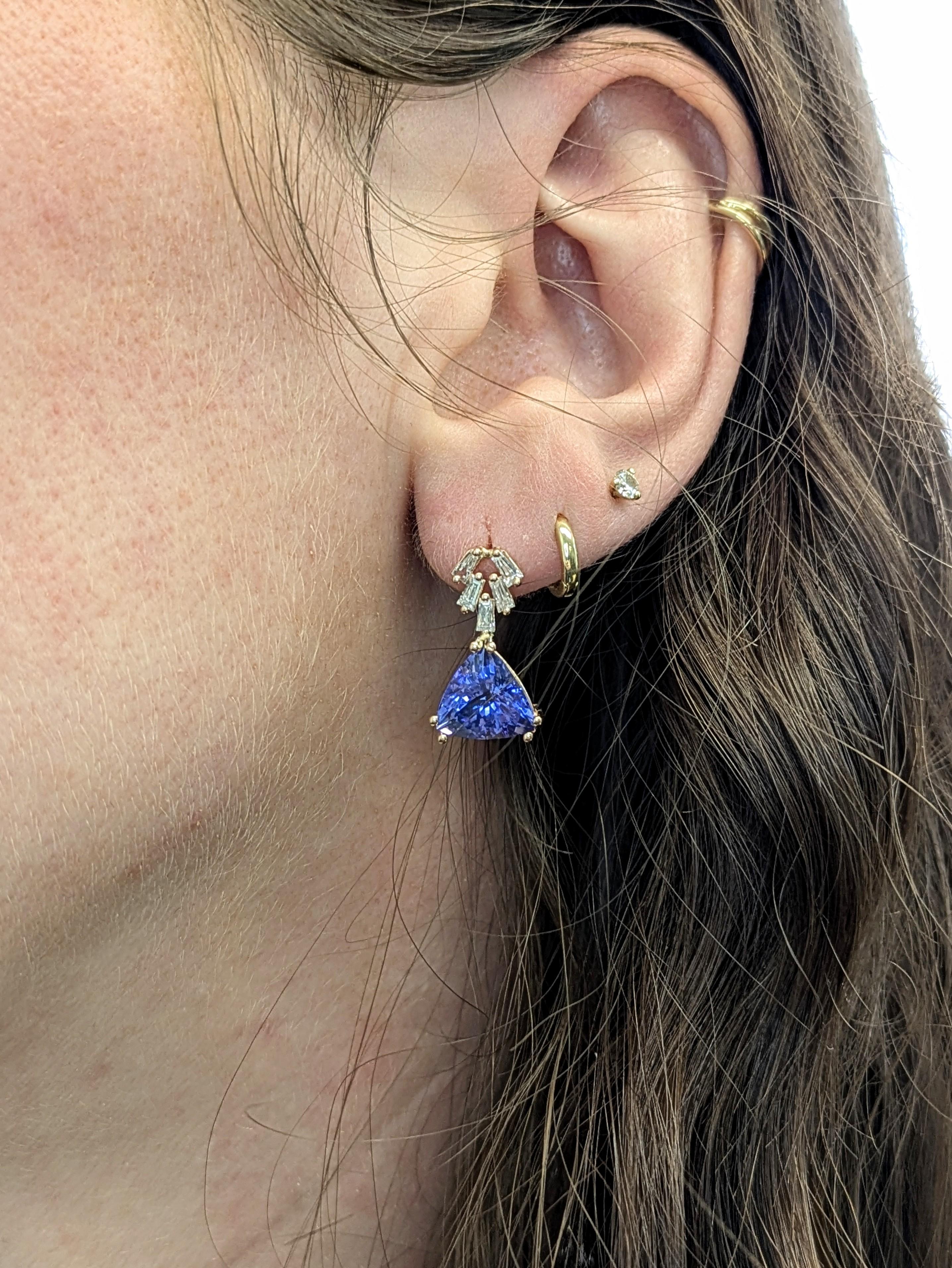 Abbaglia con 5,07 carati di tanzanite taglio trilione, accentuata da diamanti naturali a forma di baguette in oro rosa massiccio 14K. Un mix straordinario di colori, taglio e maestria: questi orecchini pendenti sono pura eleganza.

Specifiche:

Tipo