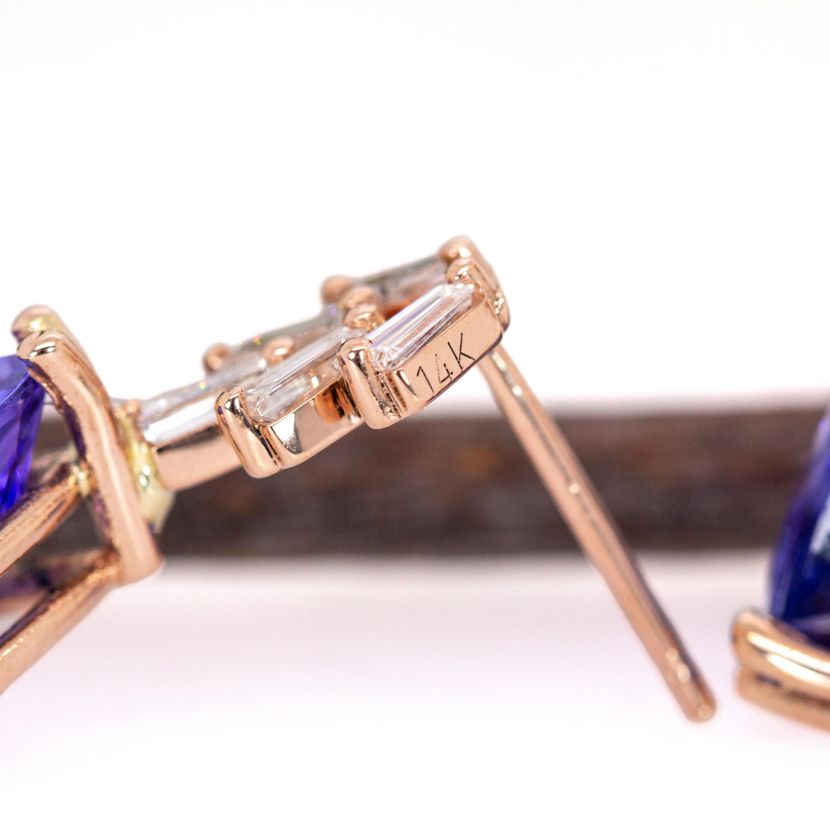 Orecchini pendenti con tanzanite da 5,07 carati e diamanti baguette in oro massiccio 14K  TR 9mm in vendita 1