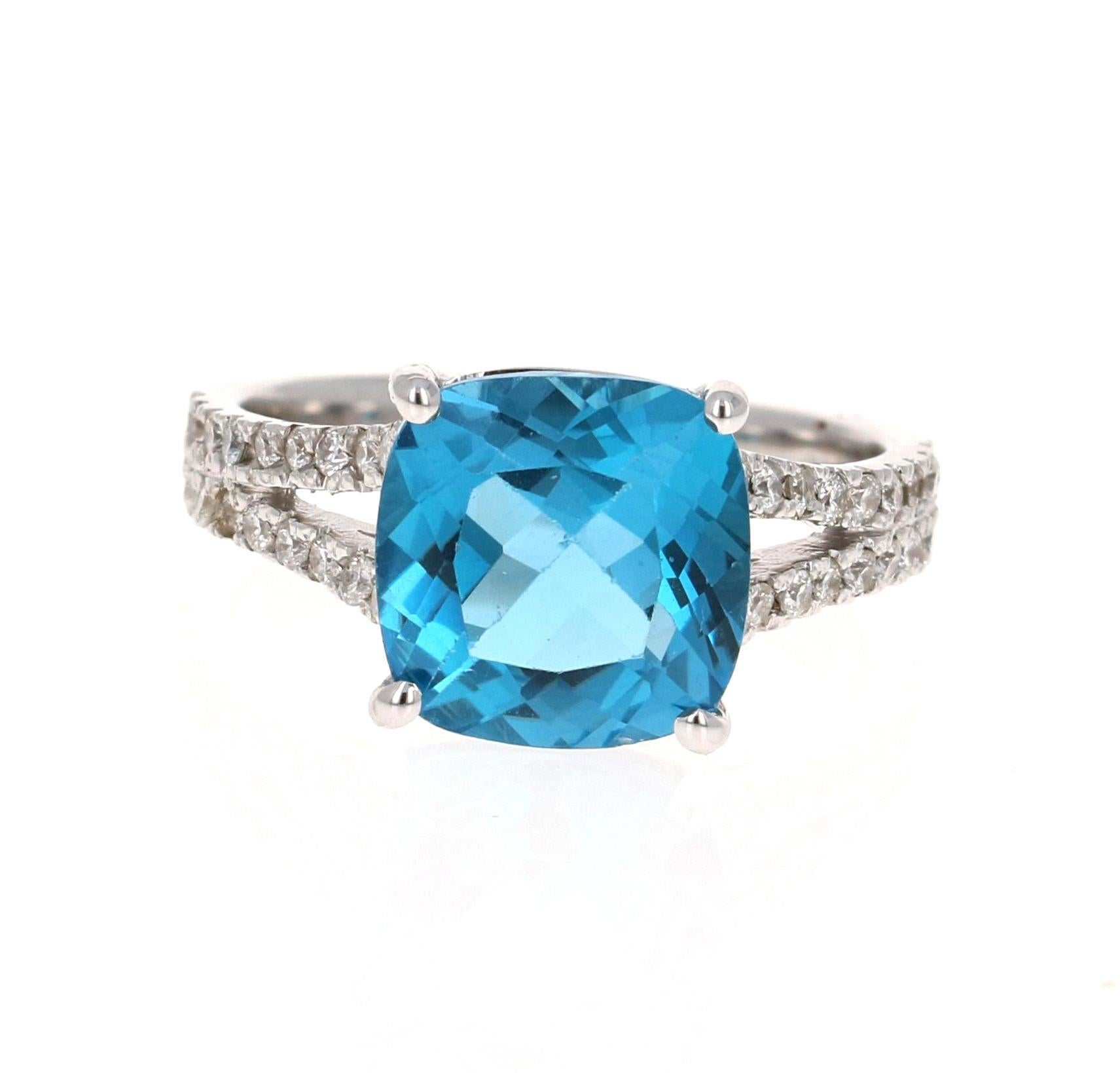 5.08 Carat Cushion Cut Blue Topaz Diamond 14 Karat White Gold Ring In New Condition In Los Angeles, CA