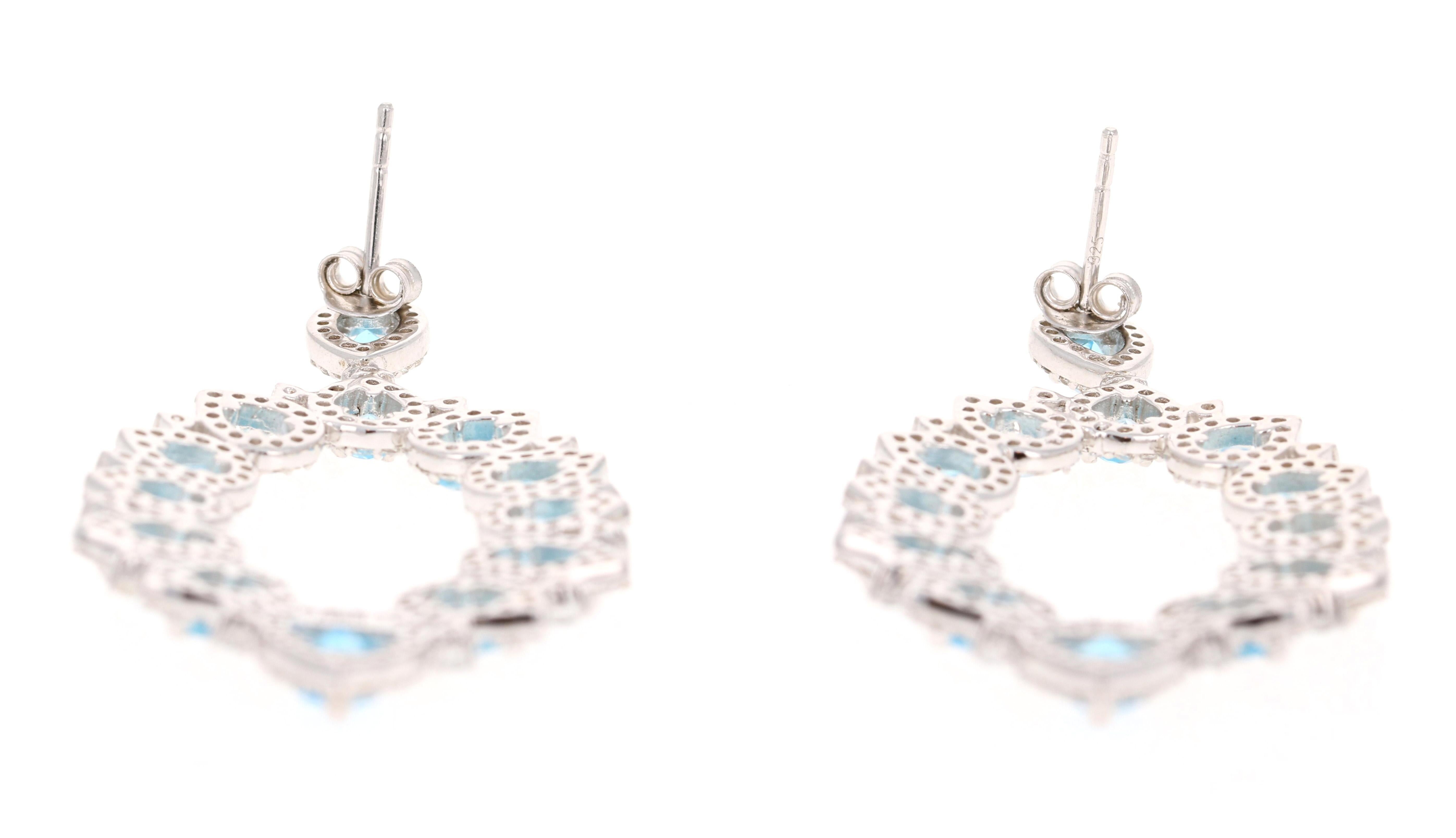 Modern 5.08 Carat Blue Topaz White Topaz Silver Earrings For Sale