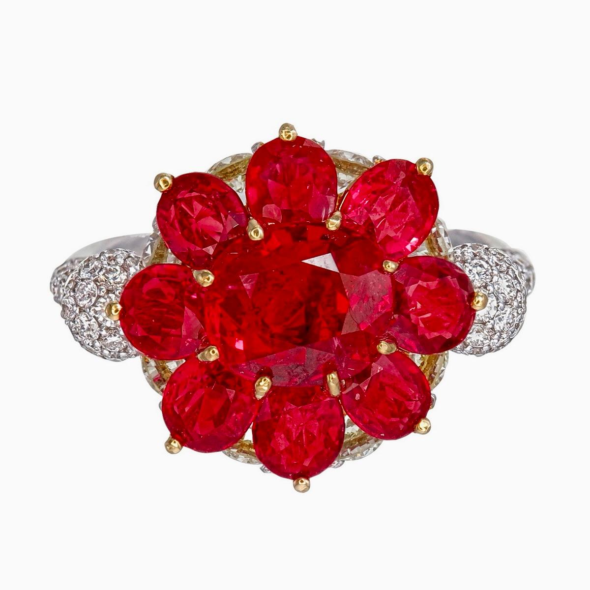 Modern 5.08 Carat Burma Ruby No Heat and Diamond Ring in 18 Karat White Gold For Sale