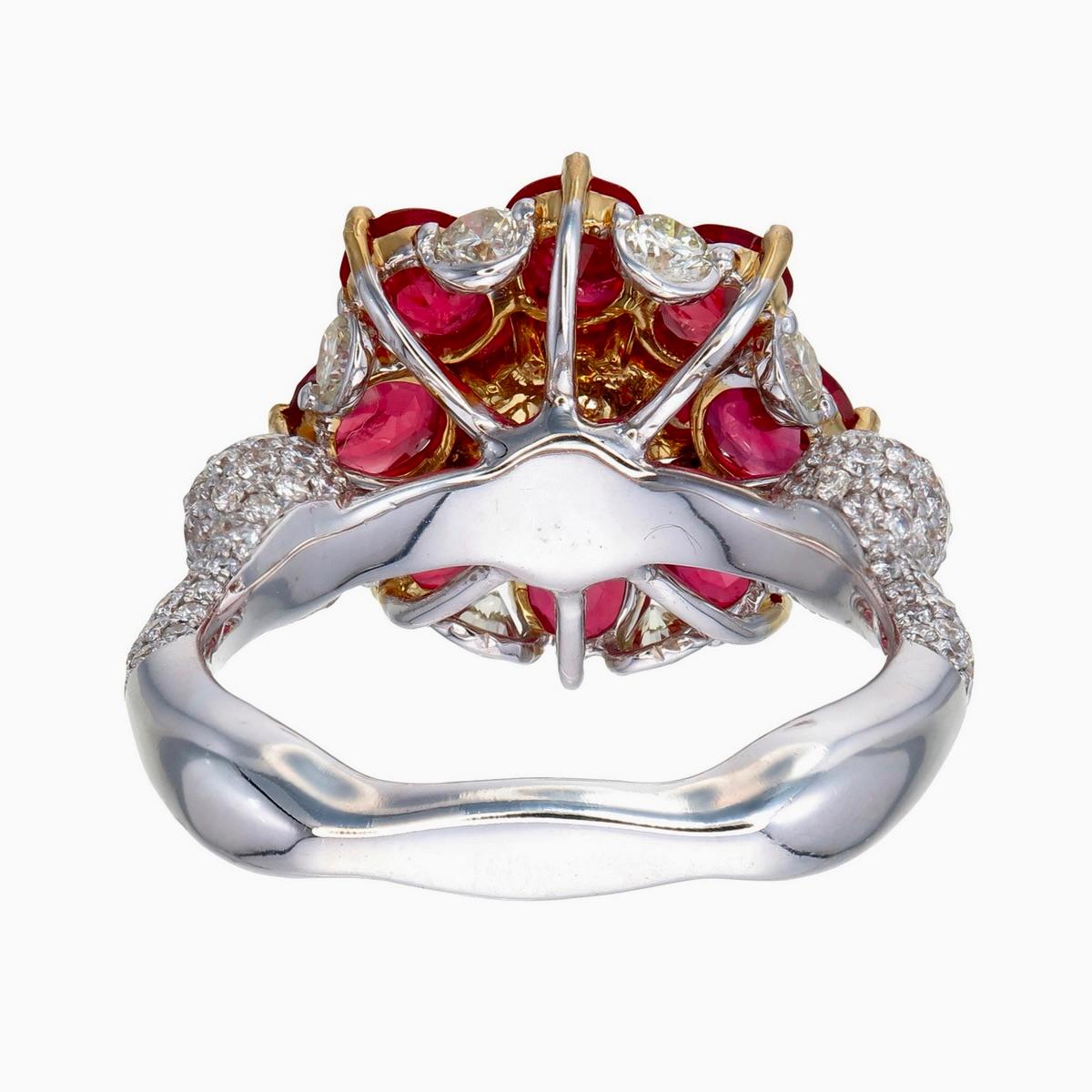 Round Cut 5.08 Carat Burma Ruby No Heat and Diamond Ring in 18 Karat White Gold For Sale
