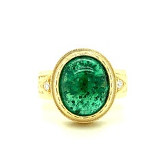 Emerald Cabochon and Diamond Yellow Gold Handmade & Engraved Ring, 5.08 Carats