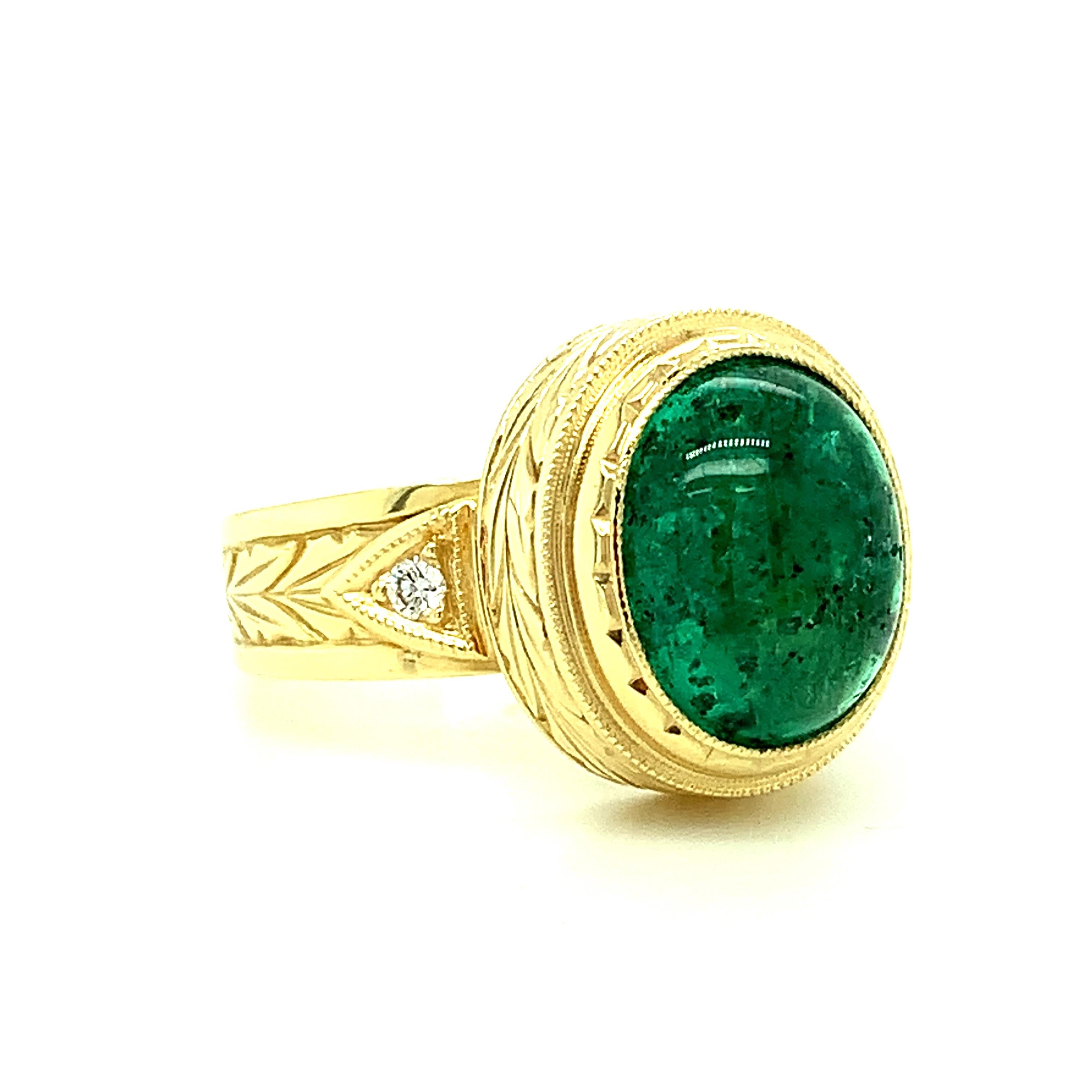 Artisan Emerald Cabochon and Diamond Yellow Gold Handmade & Engraved Ring, 5.08 Carats  For Sale
