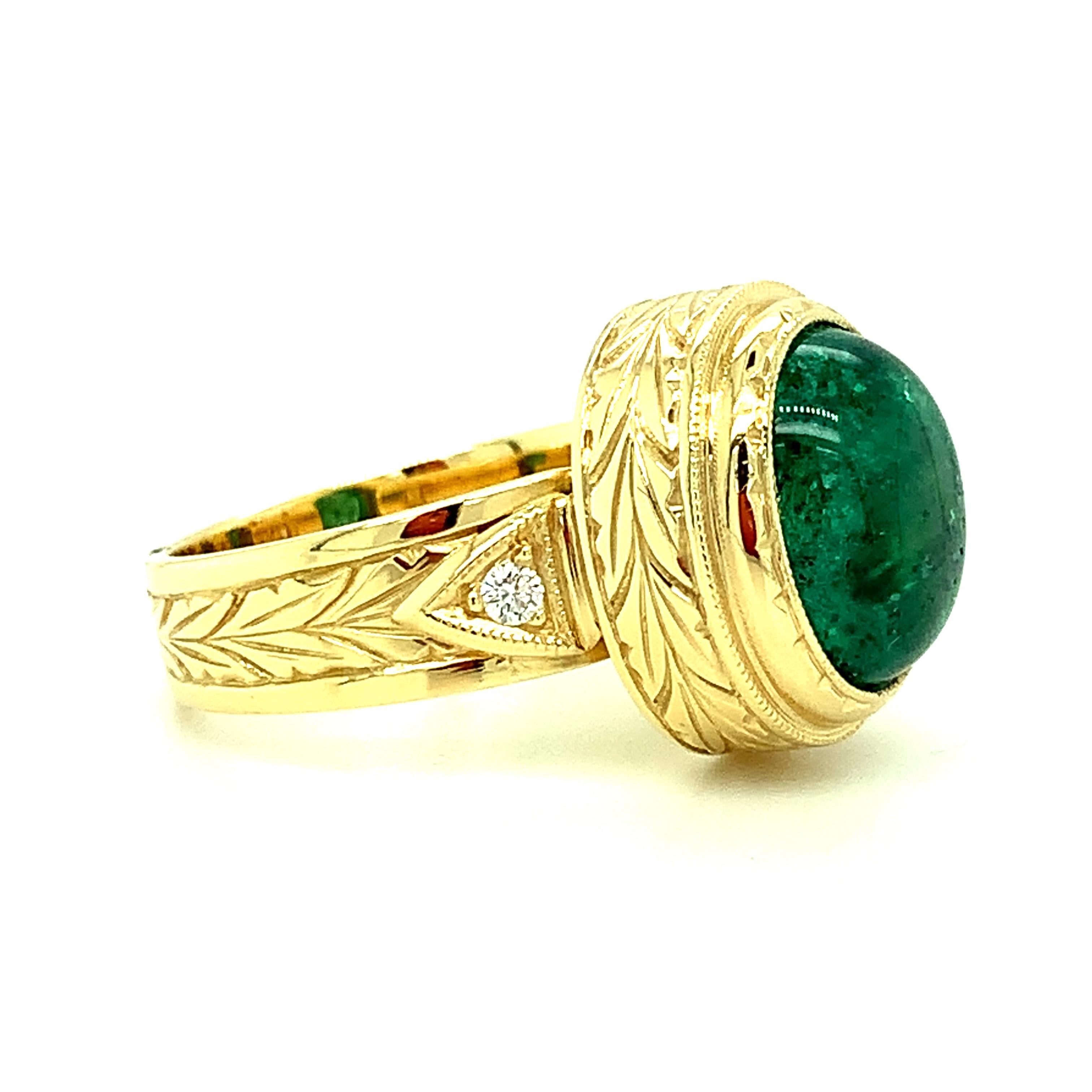 Emerald Cabochon and Diamond Yellow Gold Handmade & Engraved Ring, 5.08 Carats  In New Condition For Sale In Los Angeles, CA