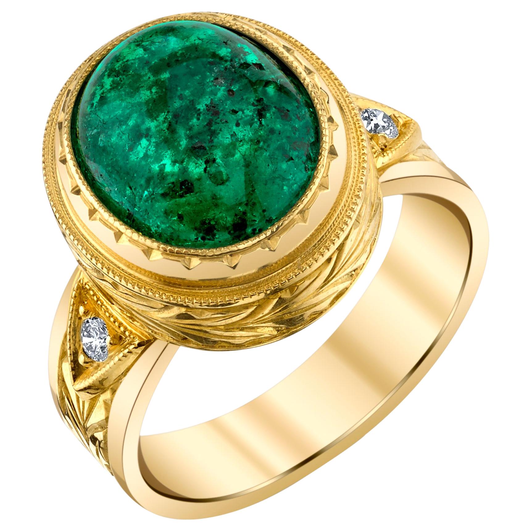 Emerald Cabochon and Diamond Yellow Gold Handmade & Engraved Ring, 5.08 Carats  For Sale