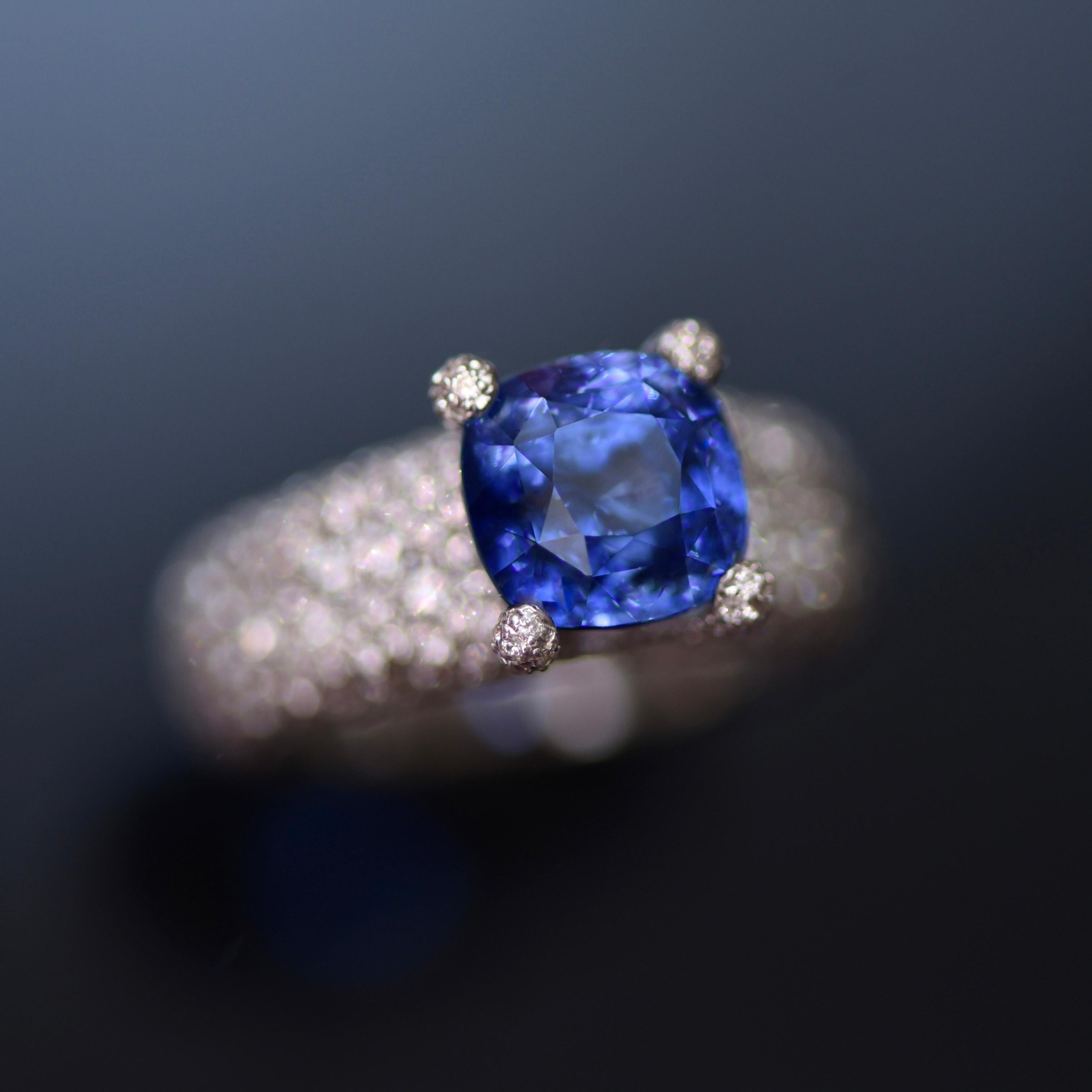 Cushion Cut 5.08 Carat Natural Sapphire Diamonds 18 Karat White Gold Cocktail Ring by D&A For Sale