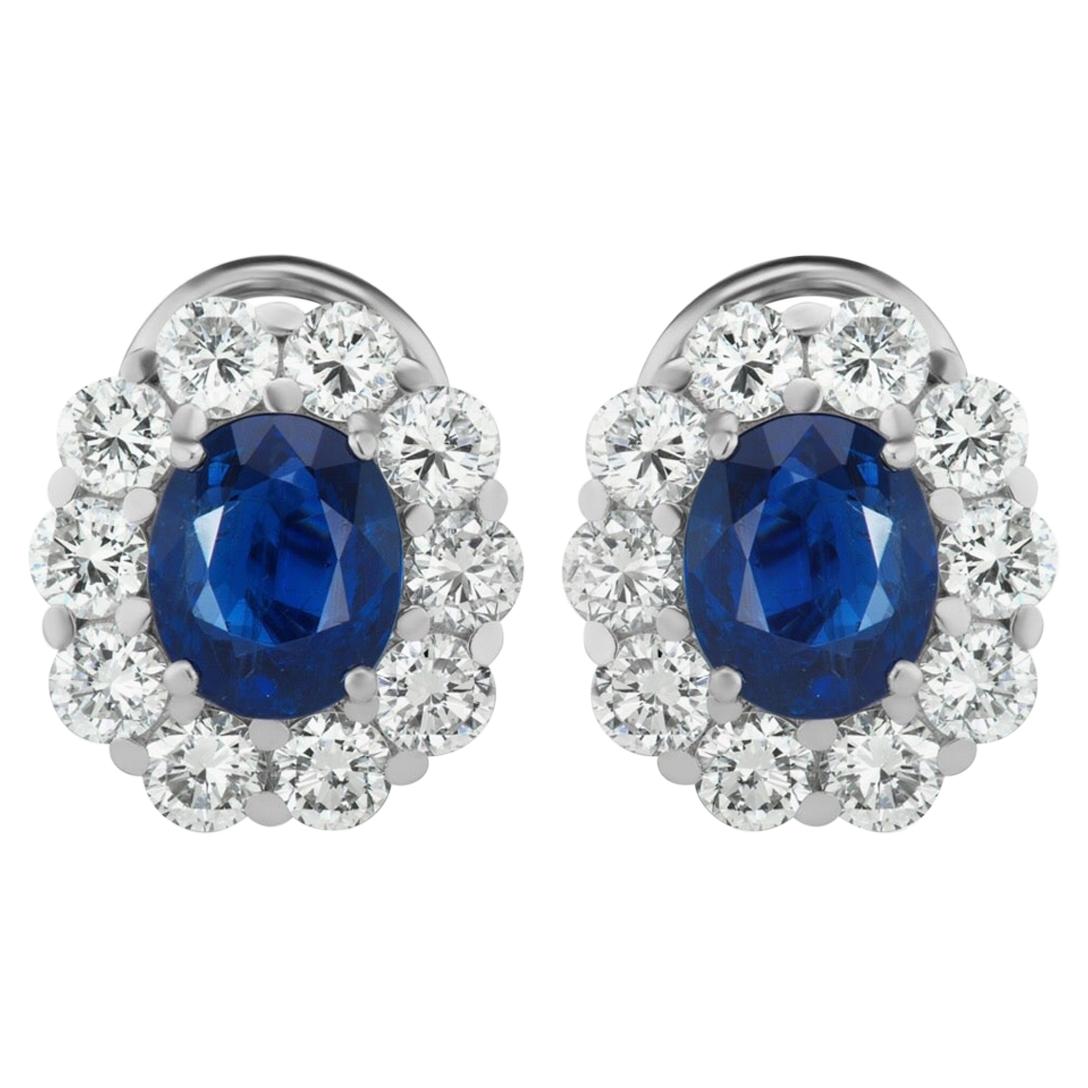 5.08 Carat of Non Heated Burma Sapphires with 4 Carat Oval Diamond Halo Earrings For Sale