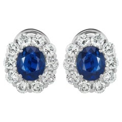 5.08 Carat of Non Heated Burma Sapphires with 4 Carat Oval Diamond Halo Earrings