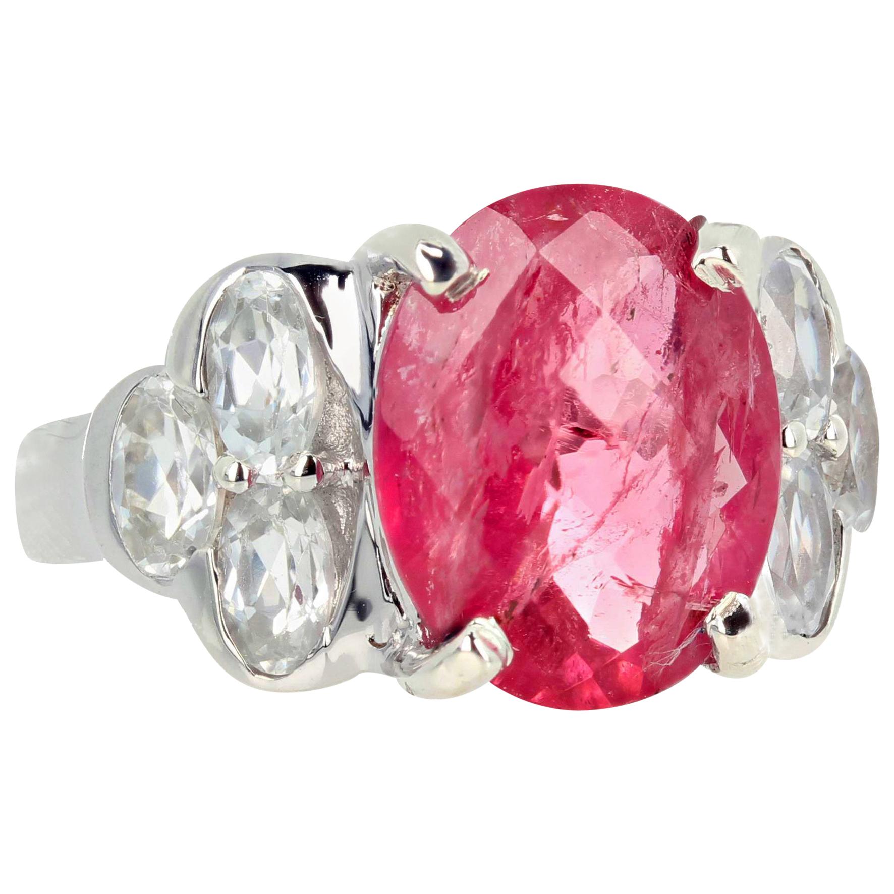 AJD Beautiful Bright 5.08Ct Pink Tourmaline & White Topaz Ring 