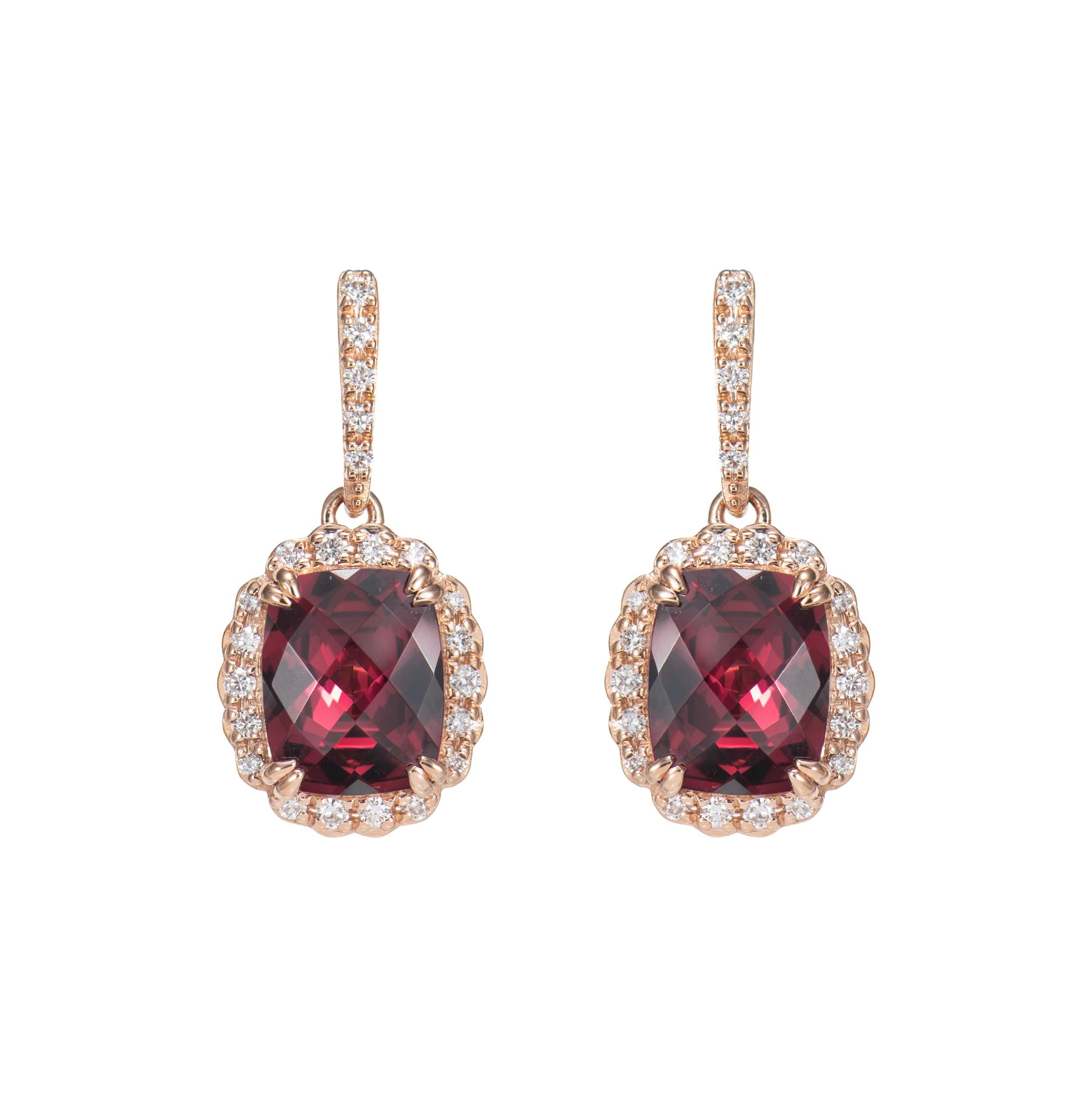 Contemporary 5.08 Carat Rhodolite Drop Earring in 18 Karat Rose Gold with Diamond For Sale