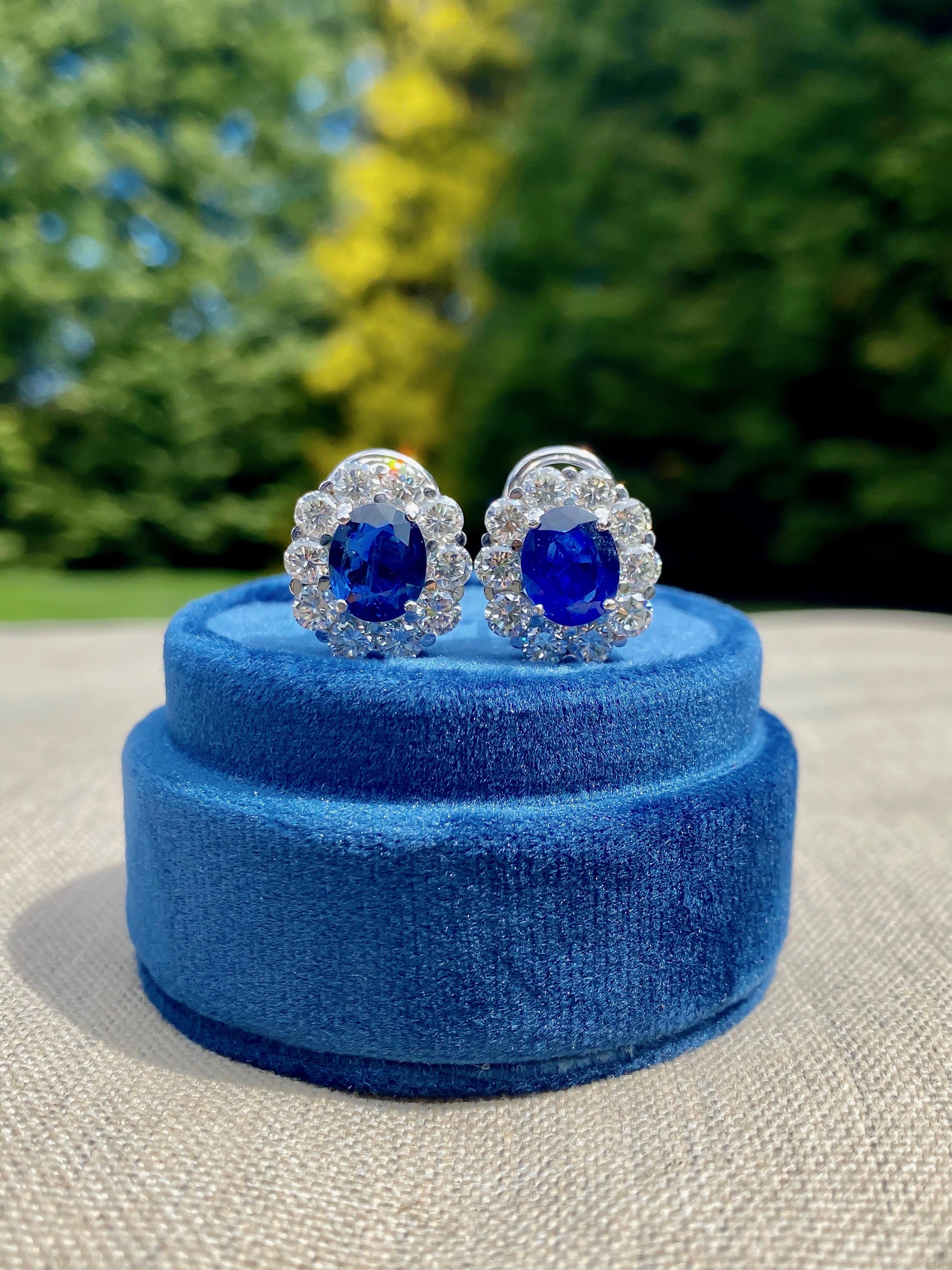 Round Cut 5.08 Carat of Non Heated Burma Sapphires with 4 Carat Oval Diamond Halo Earrings For Sale