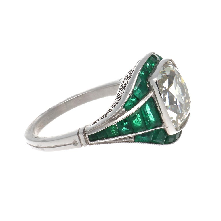 5.08 Old Mine Cut Diamond Emerald Platinum Ring at 1stDibs