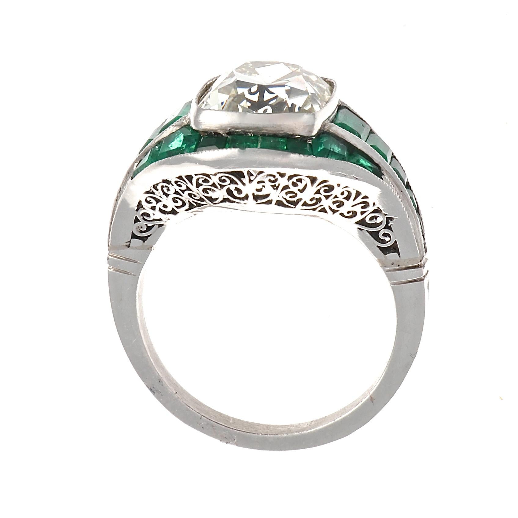 Art Deco 5.08 Old Mine Cut Diamond Emerald Platinum Ring