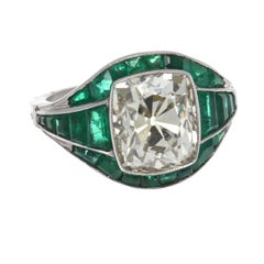 5.08 Old Mine Cut Diamond Emerald Platinum Ring