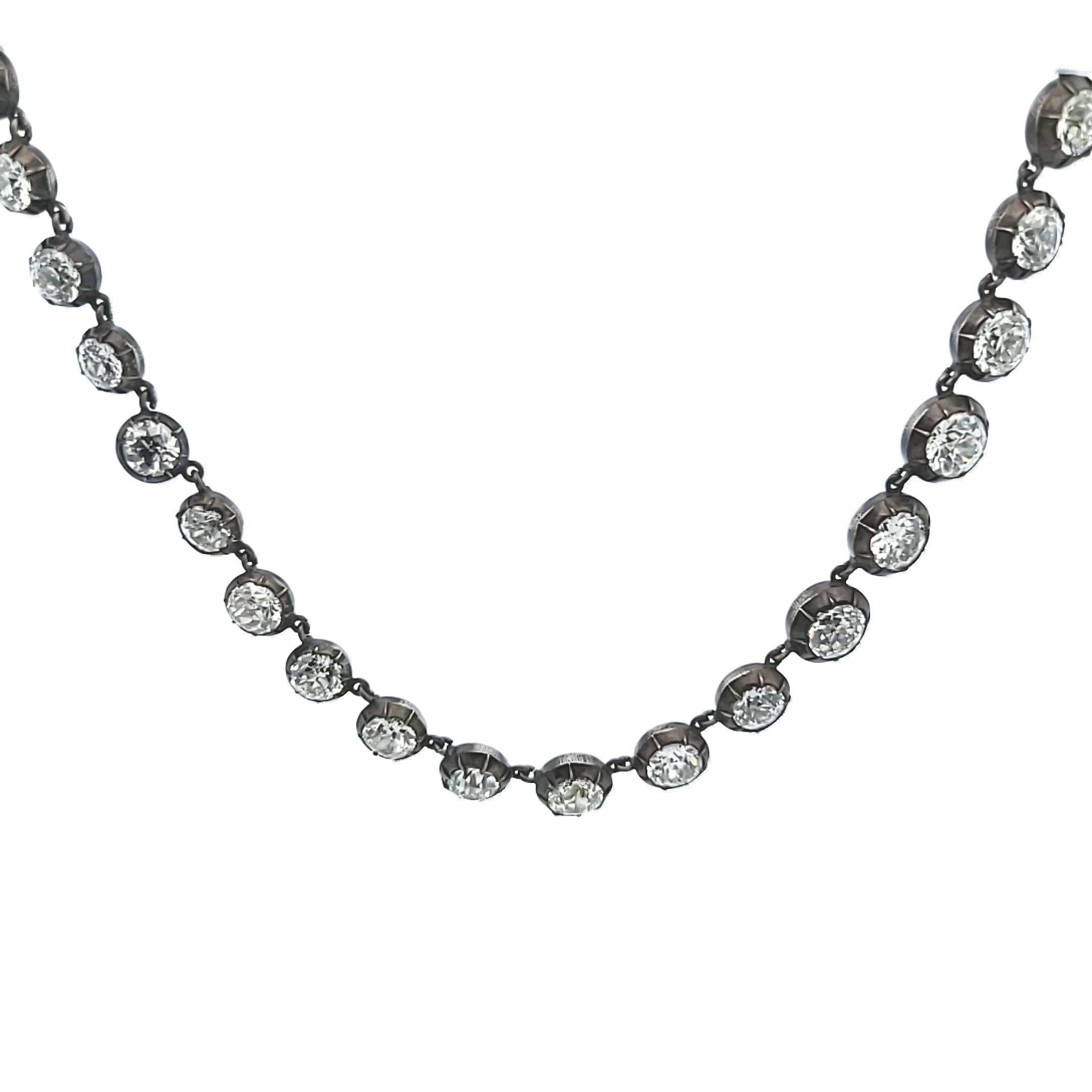 Women's 50.86 Carat Old European Cut K-M VVS2-SI1 Diamond White Silver Riviera Necklace For Sale