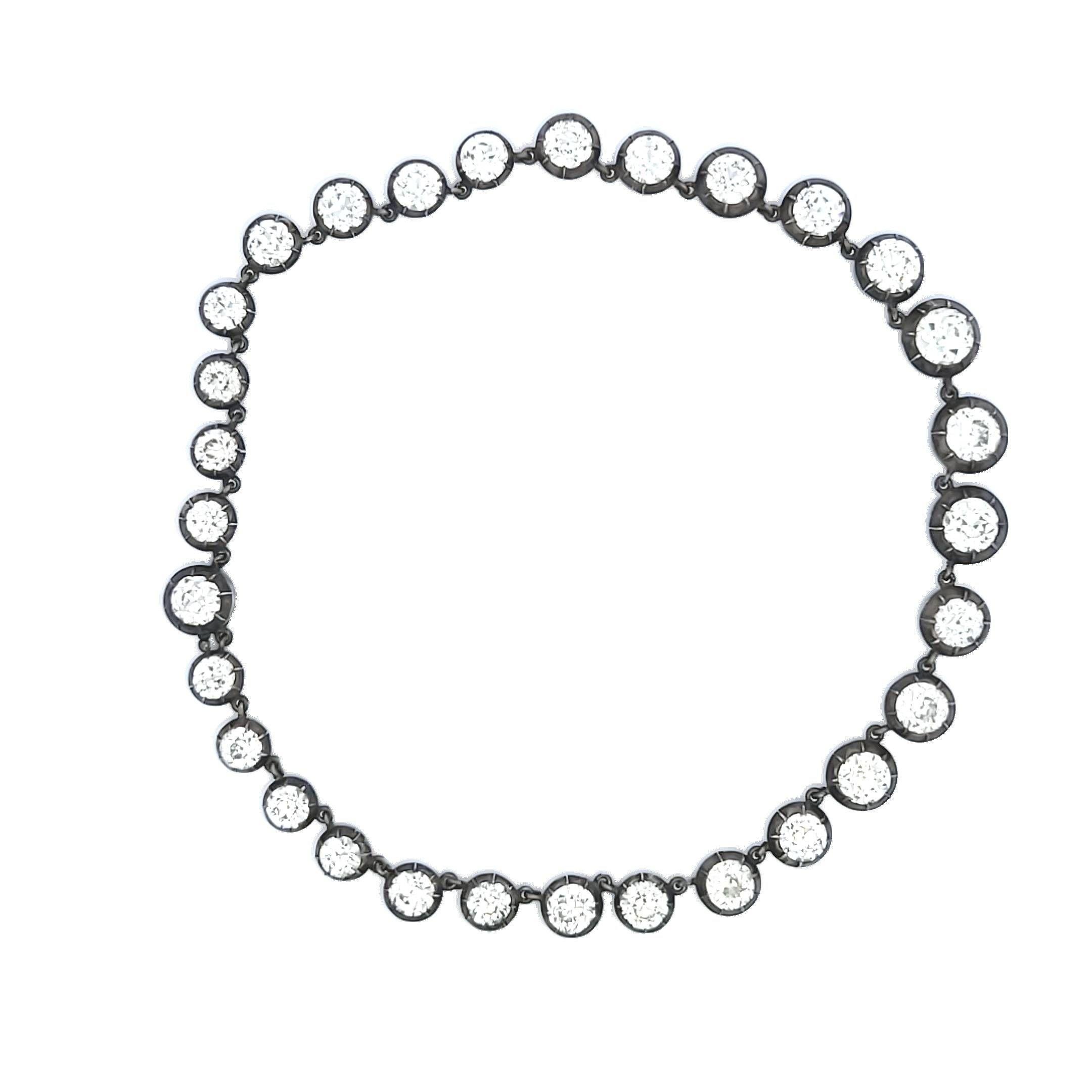 50.86 Carat Old European Cut K-M VVS2-SI1 Diamond White Silver Riviera Necklace For Sale 1