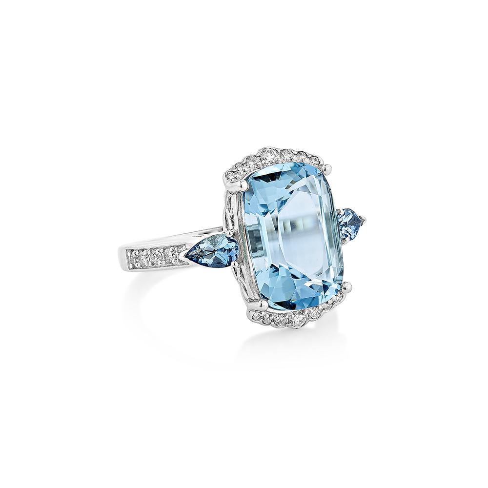 This collection features an array of Aquamarines with an icy blue hue that is as cool as it gets and two aquamarine pear shape stone on either side of the center stone, as well as diamonds embedded in white gold, and it has a classic yet beautiful