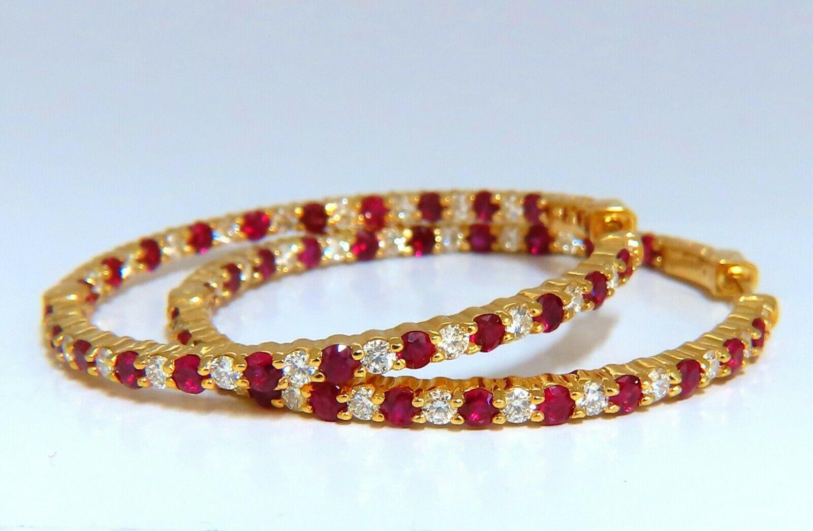 5.08ct Natural Ruby Diamonds Hoop Earrings 14kt Rose Gold Inside Out In New Condition For Sale In New York, NY