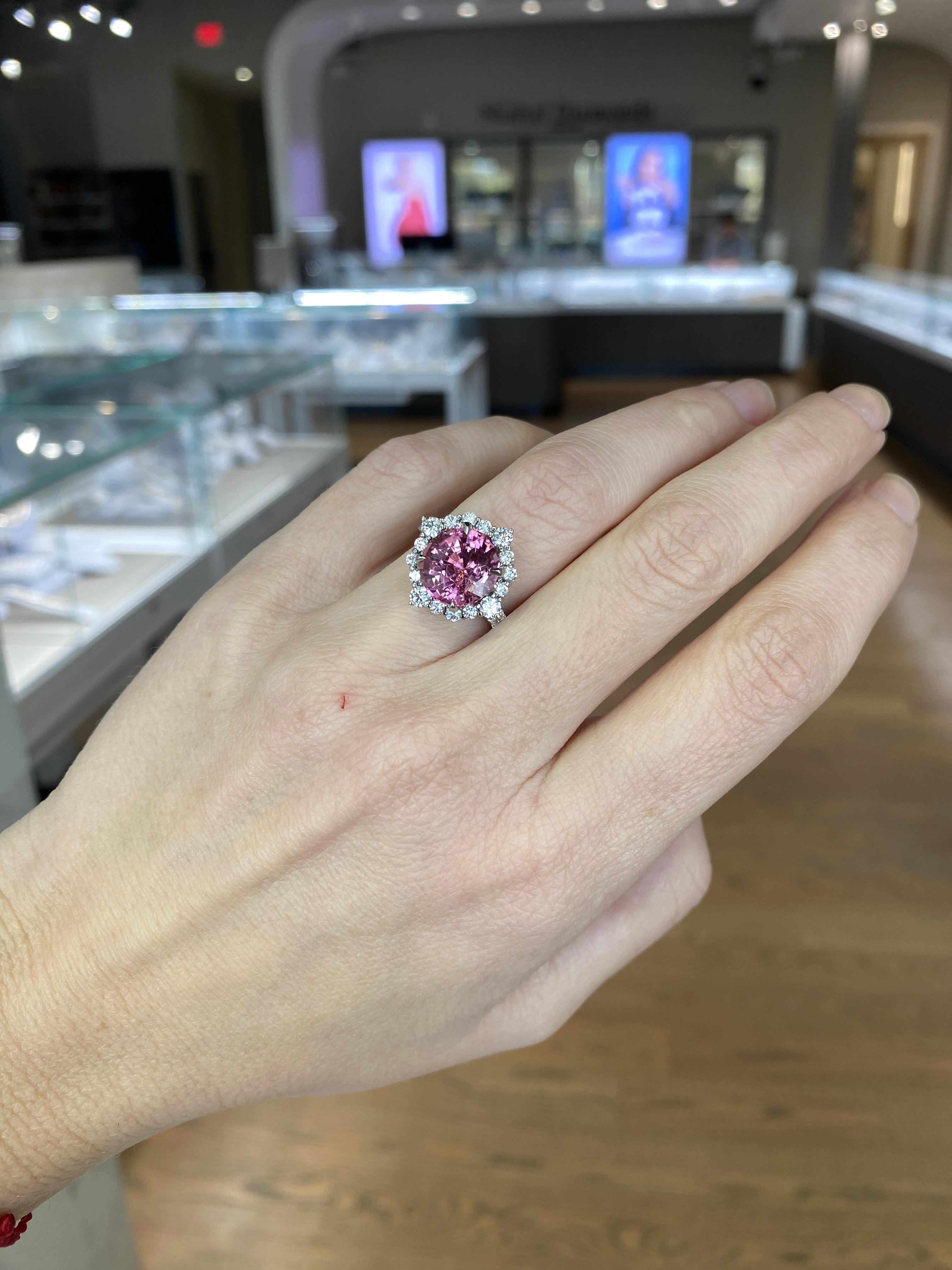 5.08ct Oval Cut Natural Pink Spinel, 1.03ctw Diamond Halo 18k White Gold Ring For Sale 13