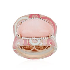 5.08CT's Pink Opal & Diamond Ring with Enamel in 14k Rose Gold Hand-Crafted Ring