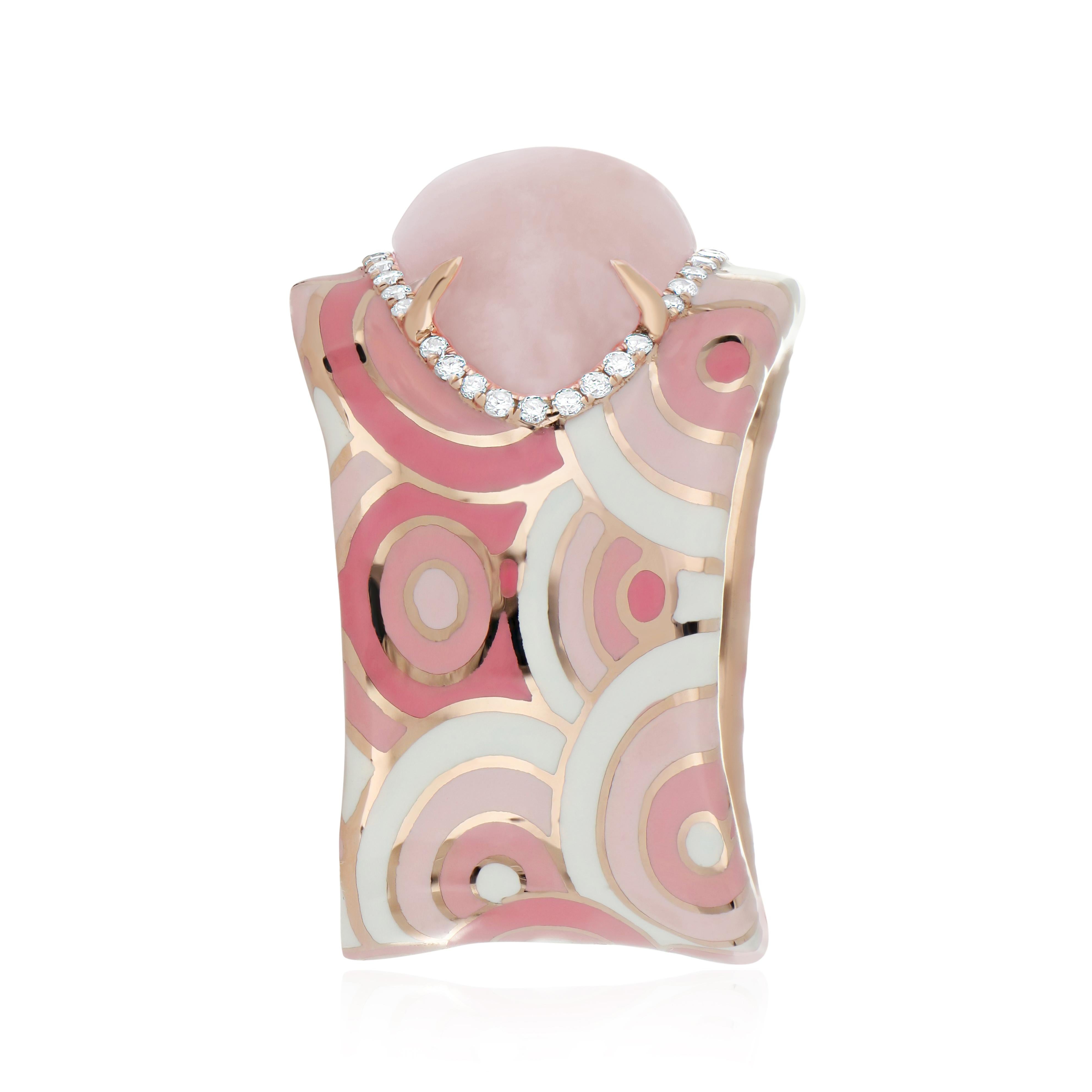 Uncut 5.08CT's Pink Opal & Diamond Ring with Enamel in 14k Rose Gold Hand-Crafted Ring For Sale
