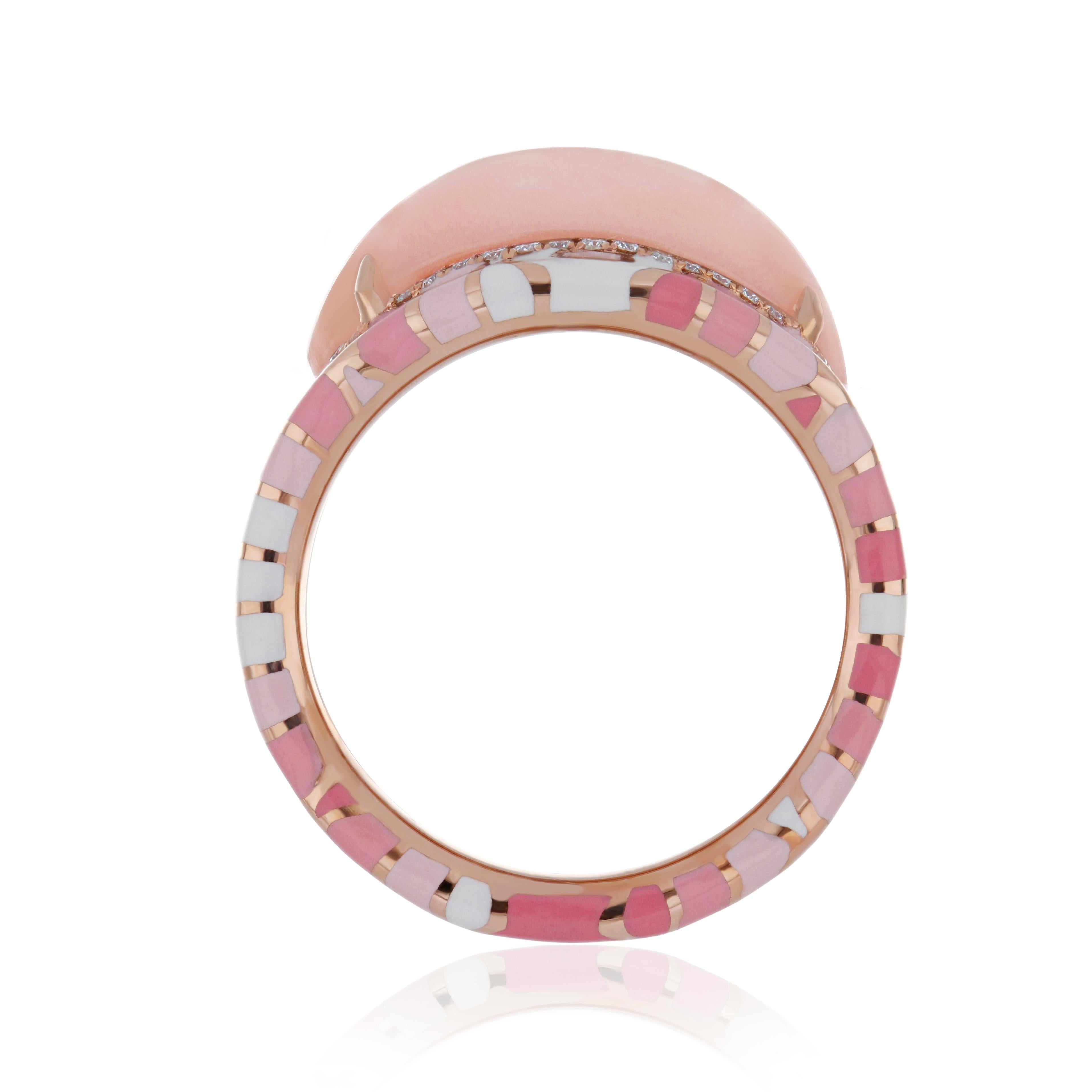 5.08CT's Pink Opal & Diamond Ring with Enamel in 14k Rose Gold Hand-Crafted Ring In New Condition For Sale In JAIPUR, IN