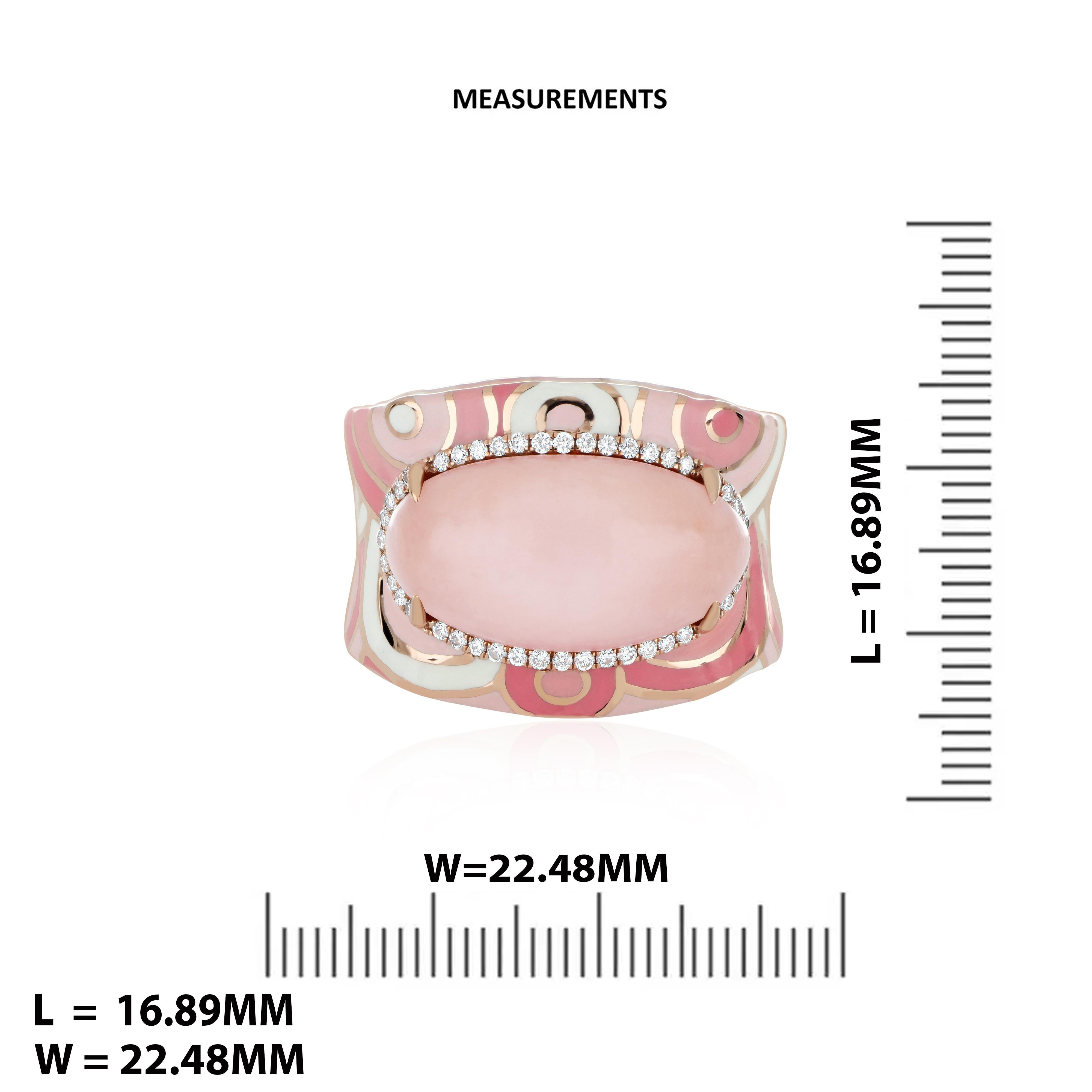 5.08CT's Pink Opal & Diamond Ring with Enamel in 14k Rose Gold Hand-Crafted Ring For Sale 1