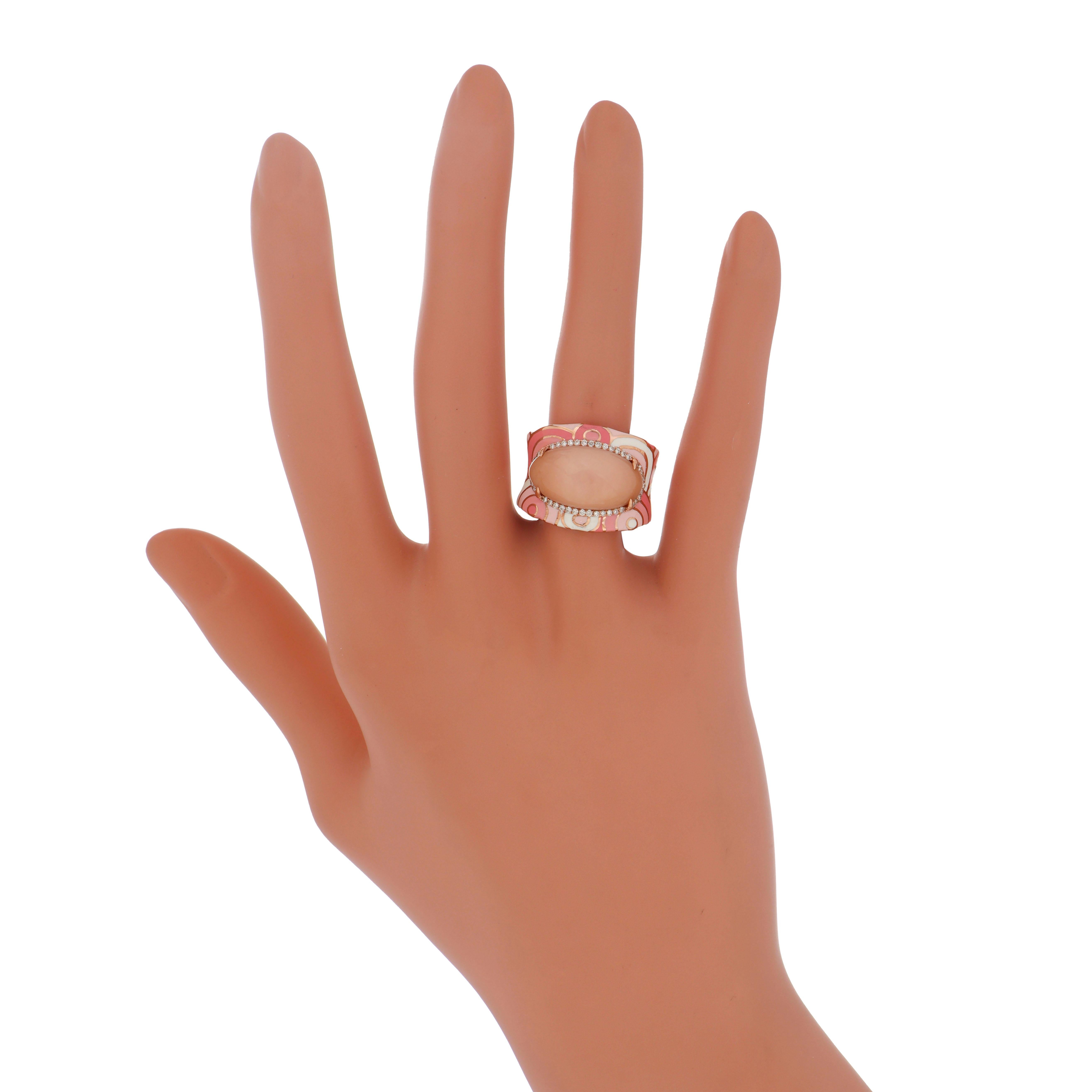 5.08CT's Pink Opal & Diamond Ring with Enamel in 14k Rose Gold Hand-Crafted Ring For Sale 2