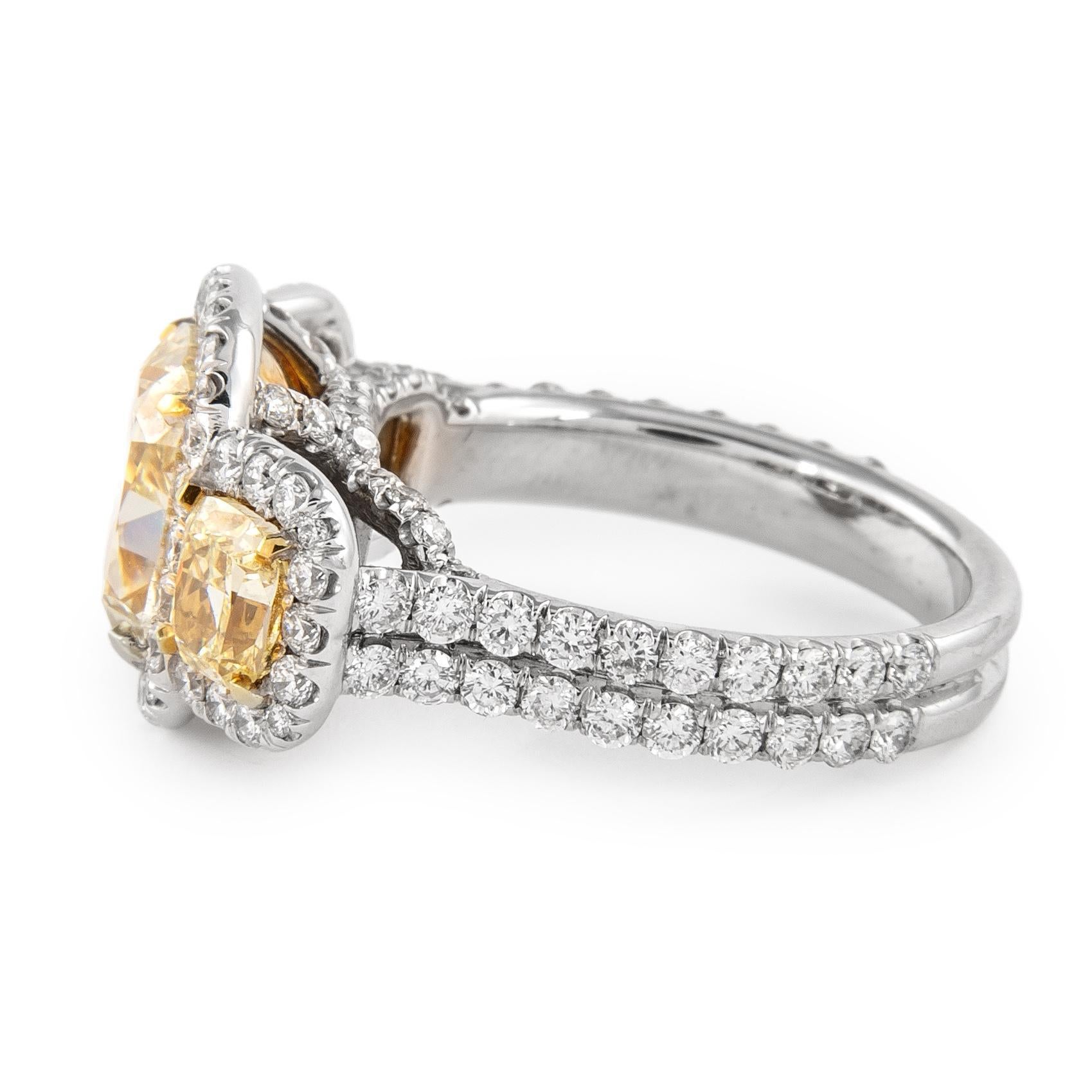 Contemporary 5.08ctt Fancy Yellow Diamond Three-Stone Ring 18k For Sale