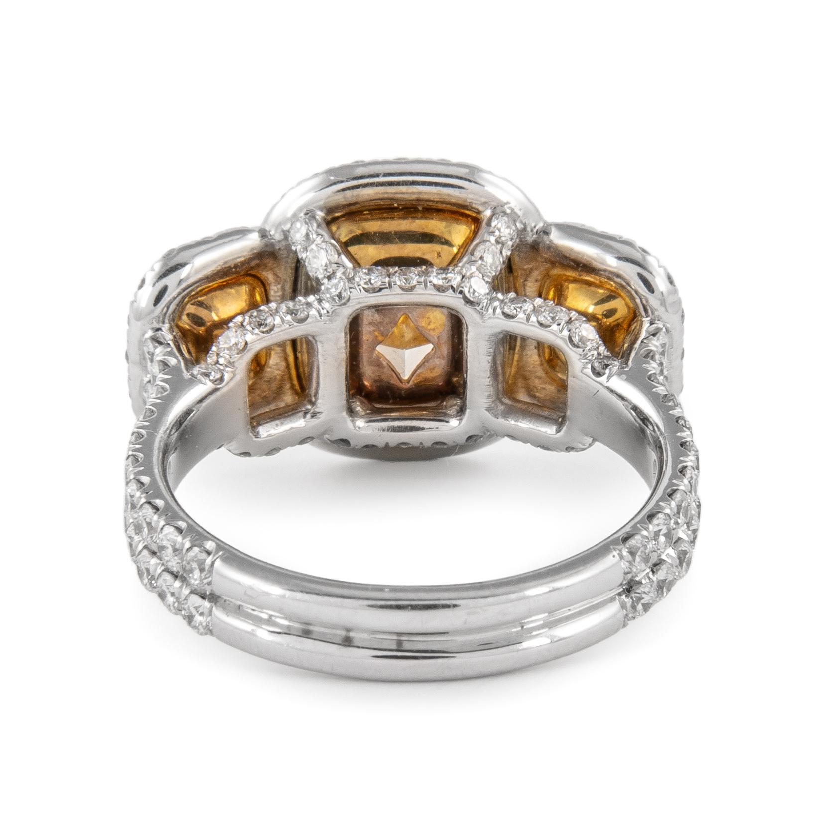 Cushion Cut 5.08ctt Fancy Yellow Diamond Three-Stone Ring 18k For Sale