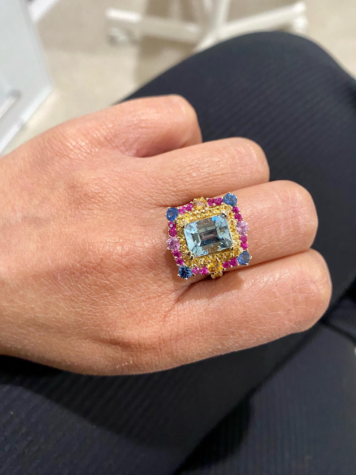 5.09 Quilates Aguamarina Zafiro Anillo Cóctel Oro Amarillo en venta 2