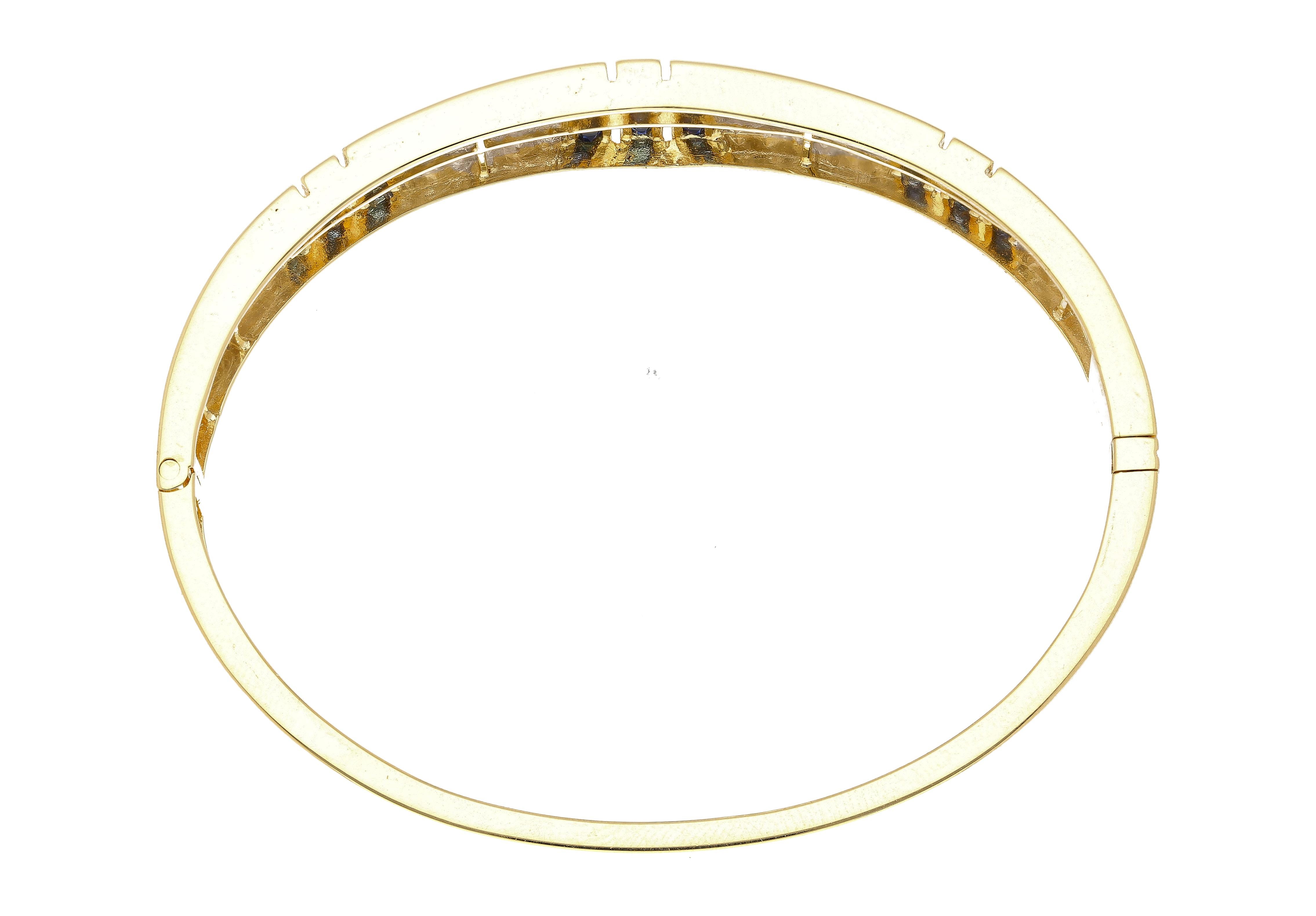 Baguette Cut 5.09 Carat Blue Sapphire and Diamond Bangle Bracelet in 18k Yellow Gold For Sale