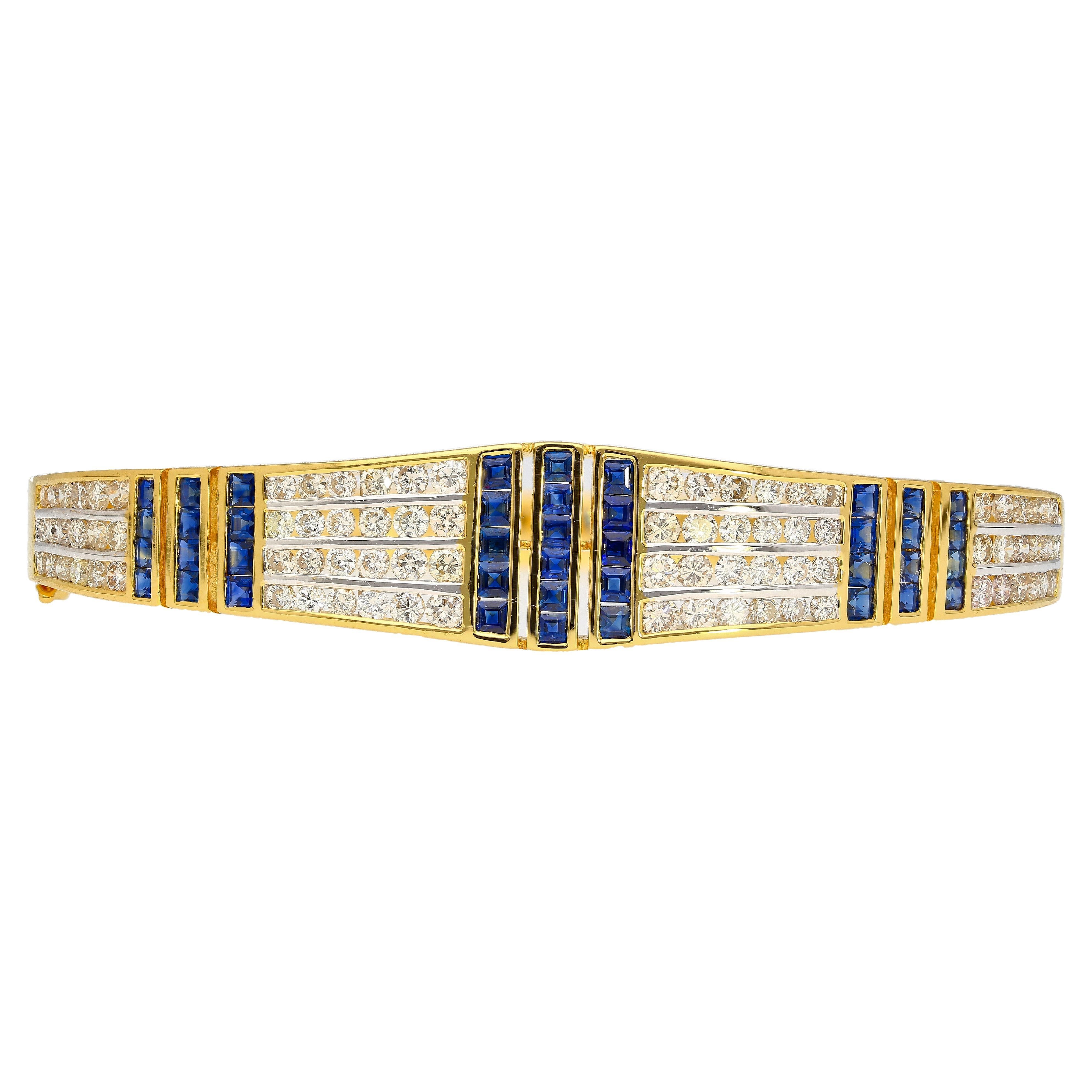 5.09 Carat Blue Sapphire and Diamond Bangle Bracelet in 18k Yellow Gold For Sale
