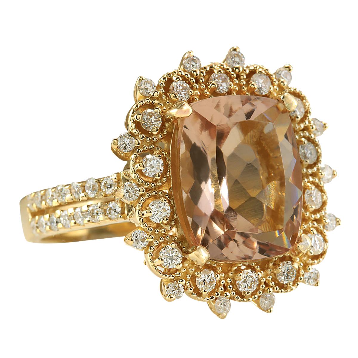 5.09 Carat Natural Morganite 14 Karat Yellow Gold Diamond Ring
Stamped: 14K Yellow Gold
Total Ring Weight: 7.5 Grams
Total Natural Morganite Weight is 4.39 Carat (Measures: 12.00x10.00 mm)
Color: Peach
Total Natural Diamond Weight is 0.70