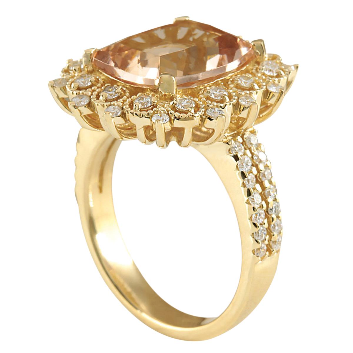 Cushion Cut Natural Morganite 14 Karat Yellow Gold Diamond Ring For Sale