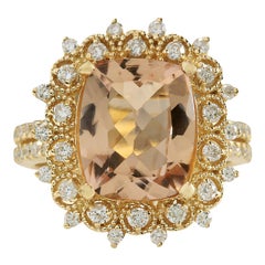 Morganita Natural Anillo de Diamantes de Oro Amarillo de 14 Kilates