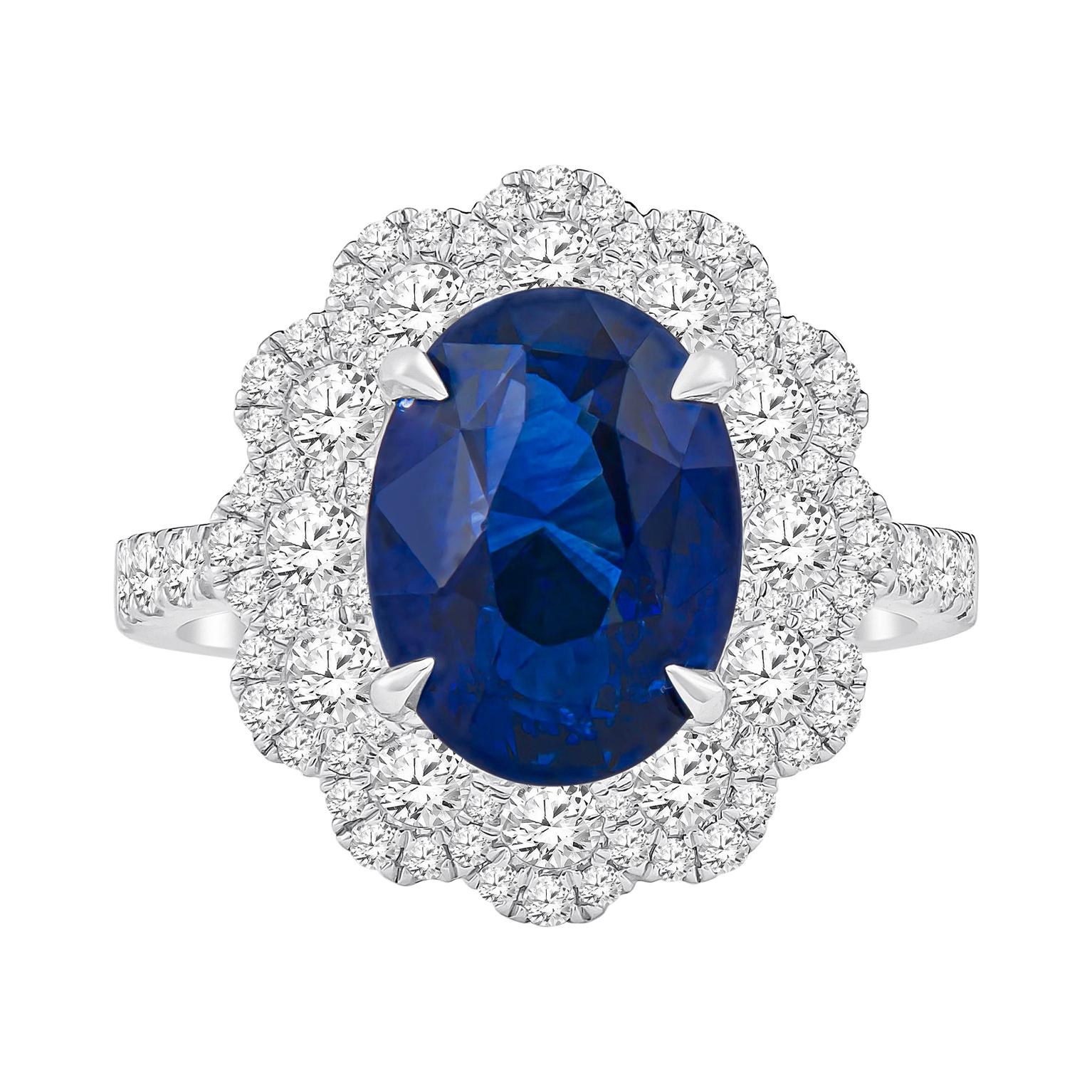 5.09 Carat Natural Oval Blue Sapphire 'GIA' Flower Style Diamond Ring, 18 Karat